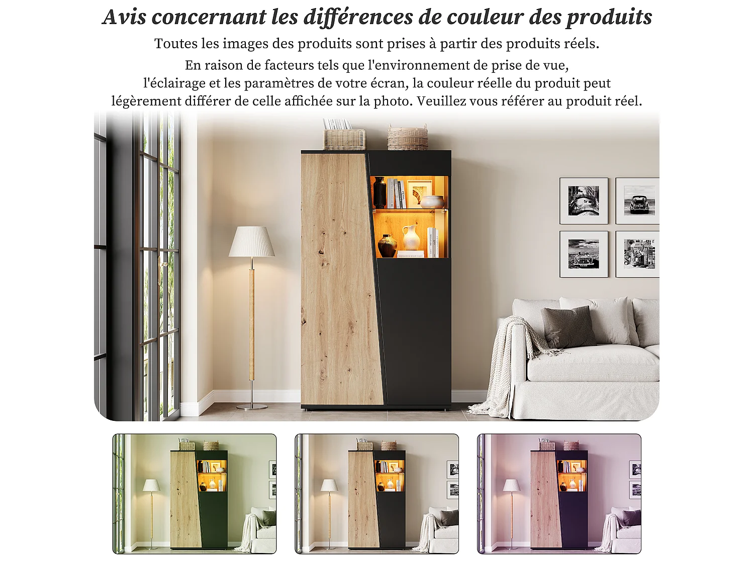 Parrot Uncle Vitrine avec LED, meuble de rangement haut 80 x 35 x 139,5 cm, portes, étagères en verre réglables, noir et bois