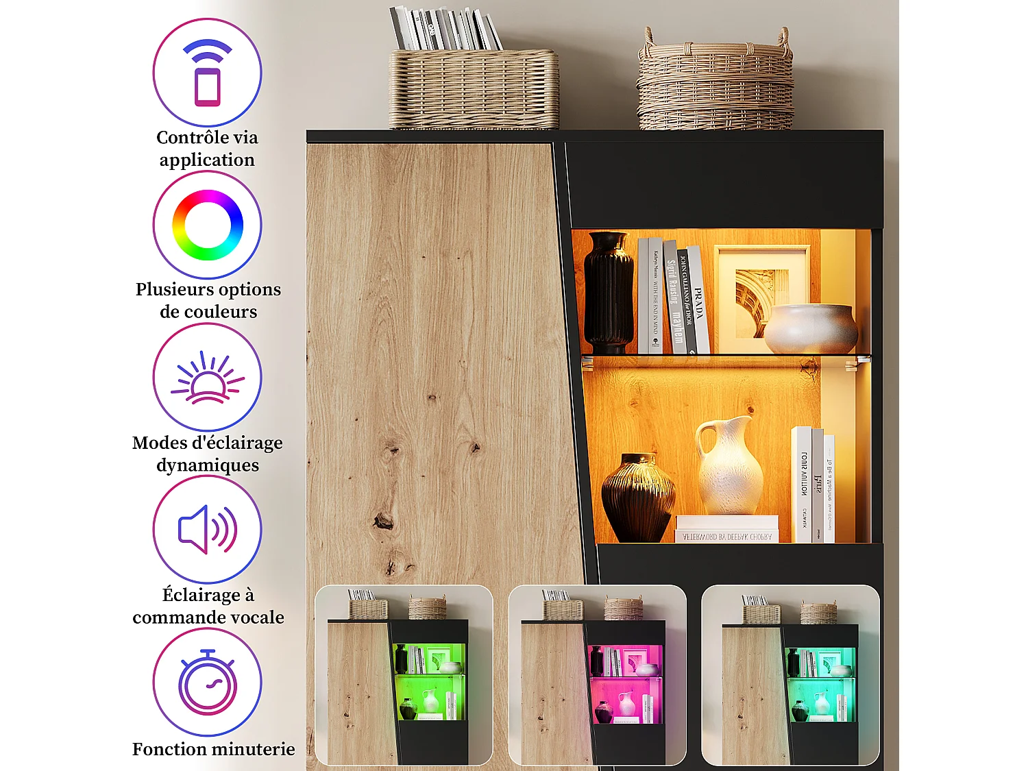 Parrot Uncle Vitrine avec LED, meuble de rangement haut 80 x 35 x 139,5 cm, portes, étagères en verre réglables, noir et bois