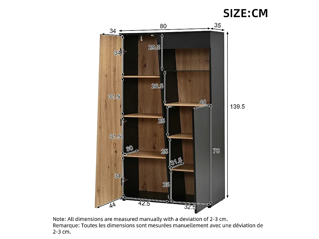 Parrot Uncle Vitrine avec LED, meuble de rangement haut 80 x 35 x 139,5 cm, portes, étagères en verre réglables, noir et bois