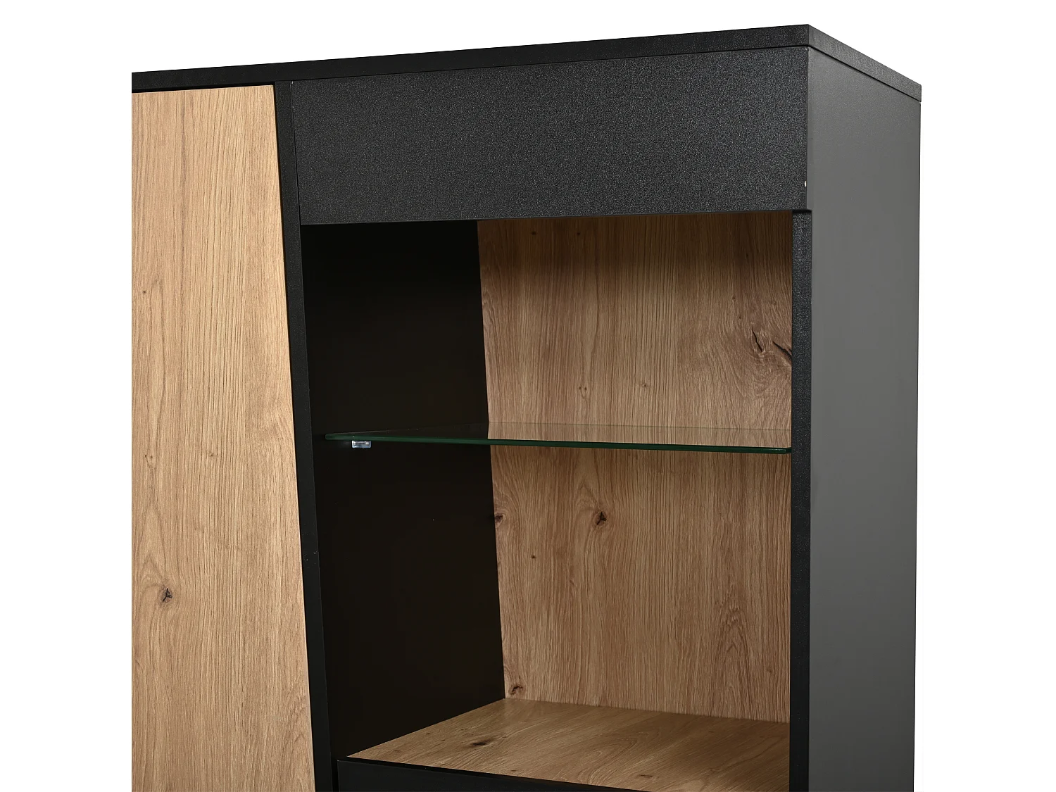 Parrot Uncle Vitrine avec LED, meuble de rangement haut 80 x 35 x 139,5 cm, portes, étagères en verre réglables, noir et bois