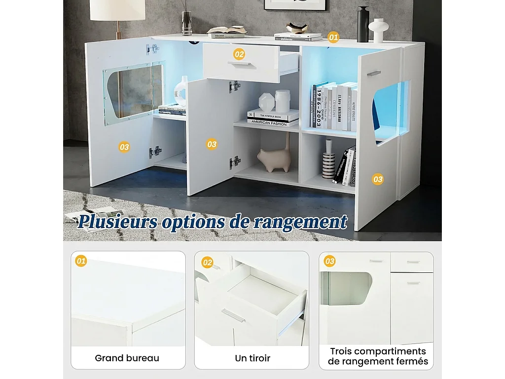 Parrot Uncle Meuble de rangement 140x33x70 cm blanc brillant avec éclairage LED, 3 portes, tiroir et verre trempé