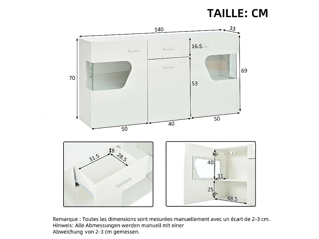 Parrot Uncle Meuble de rangement 140x33x70 cm blanc brillant avec éclairage LED, 3 portes, tiroir et verre trempé