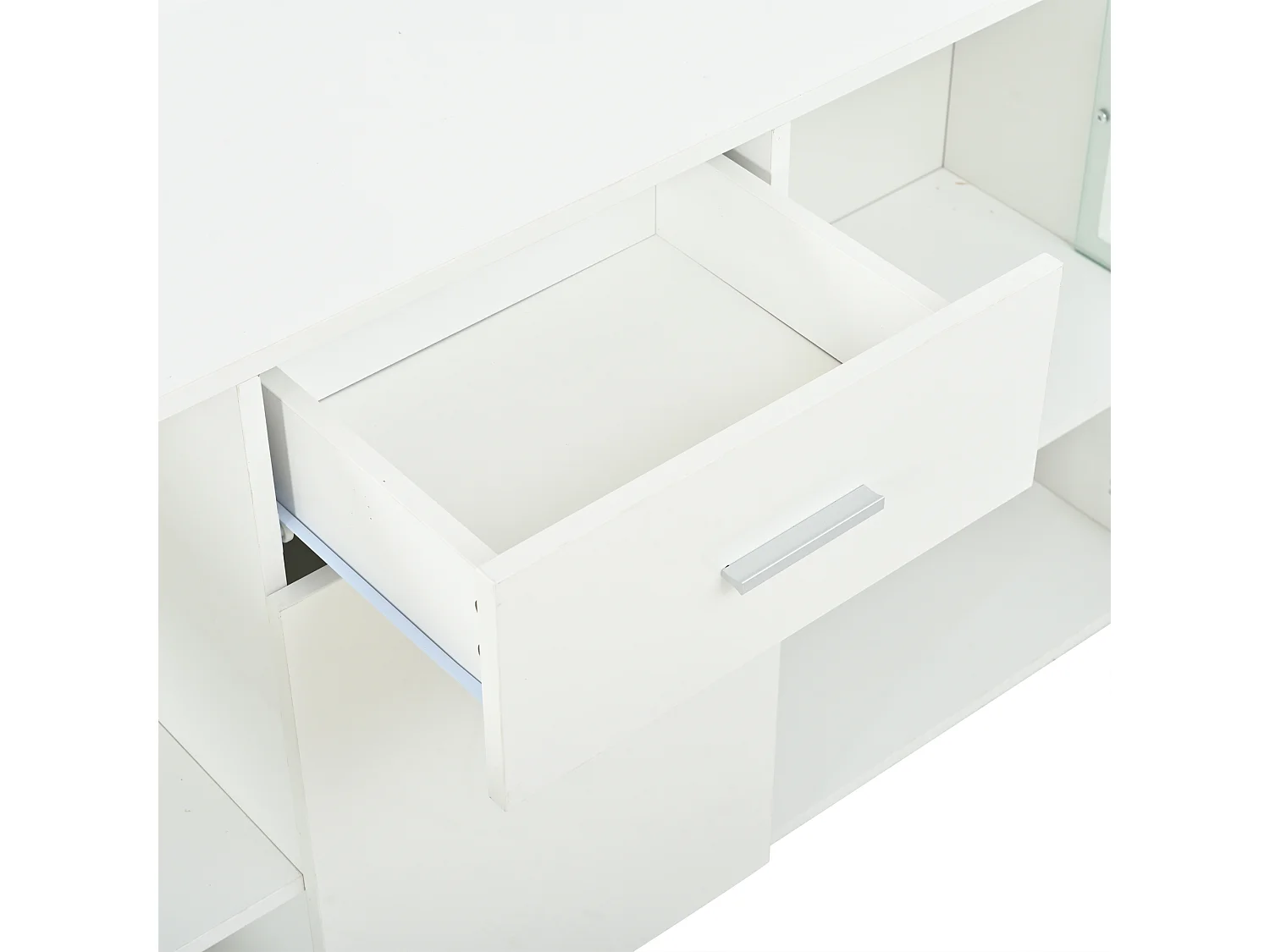 Parrot Uncle Meuble de rangement 140x33x70 cm blanc brillant avec éclairage LED, 3 portes, tiroir et verre trempé