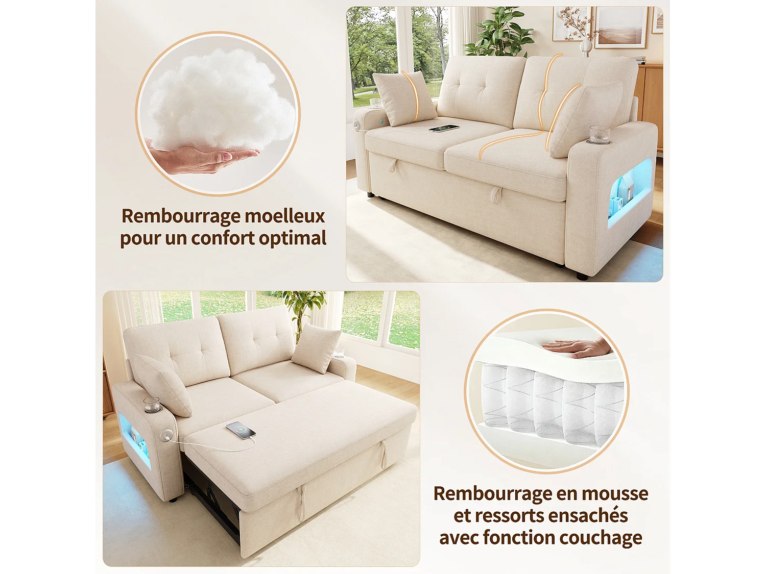 Parrot Uncle Canapé convertible 2 places avec LED, USB/Type-C, rangements et porte-gobelets, 141,5x131x83,5 cm, beige