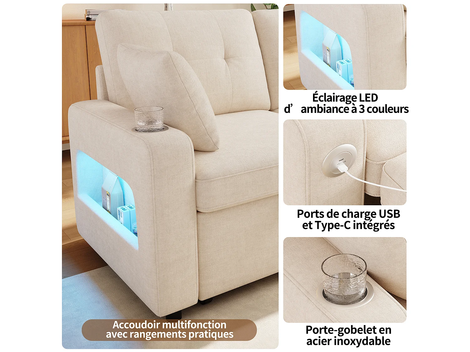 Parrot Uncle Canapé convertible 2 places avec LED, USB/Type-C, rangements et porte-gobelets, 141,5x131x83,5 cm, beige