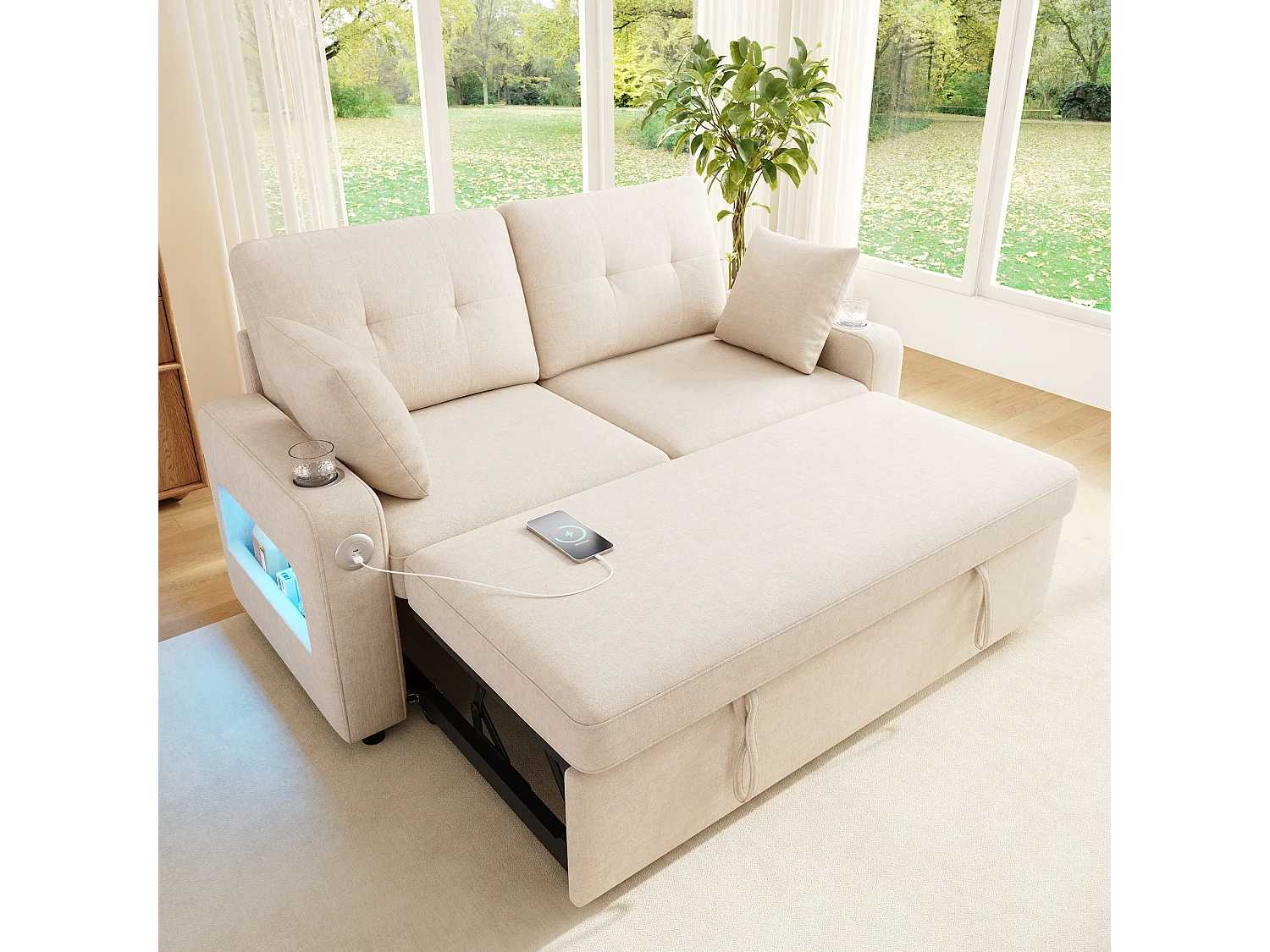 Parrot Uncle Canapé convertible 2 places avec LED, USB/Type-C, rangements et porte-gobelets, 141,5x131x83,5 cm, beige