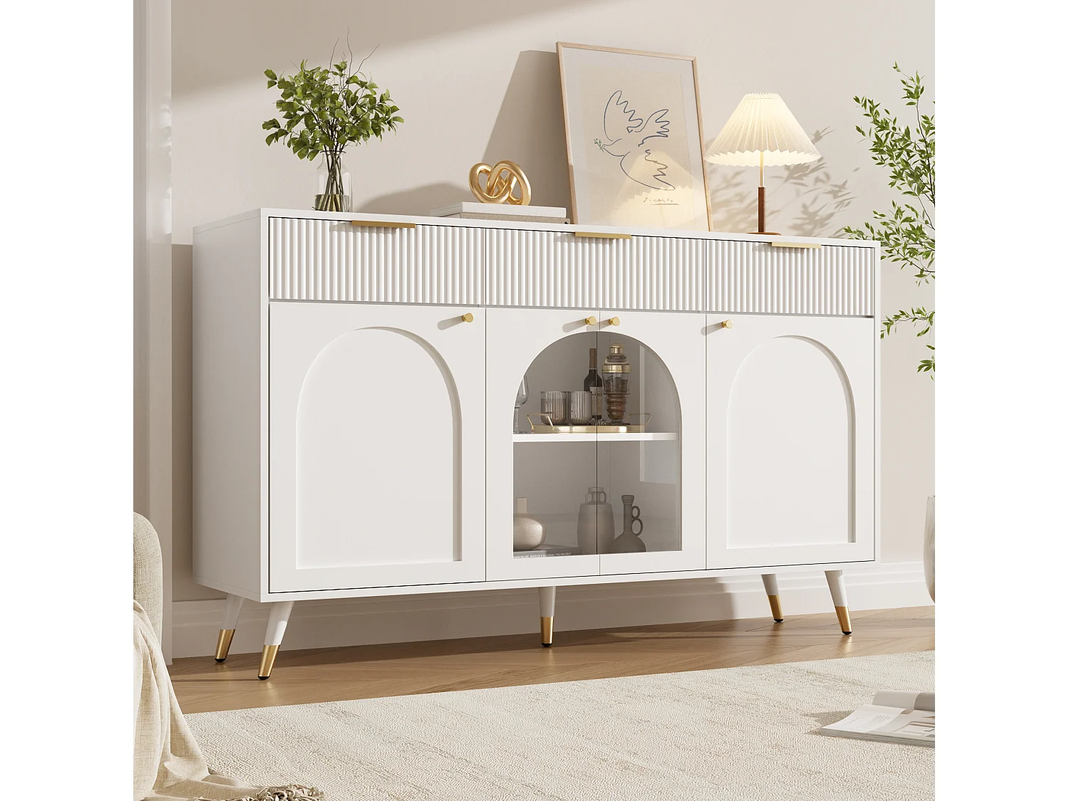 Parrot Uncle Meuble de rangement blanc 140x40x85,5 cm, buffet 4 portes et 3 tiroirs en MDF, façades acryliques, design contemporain