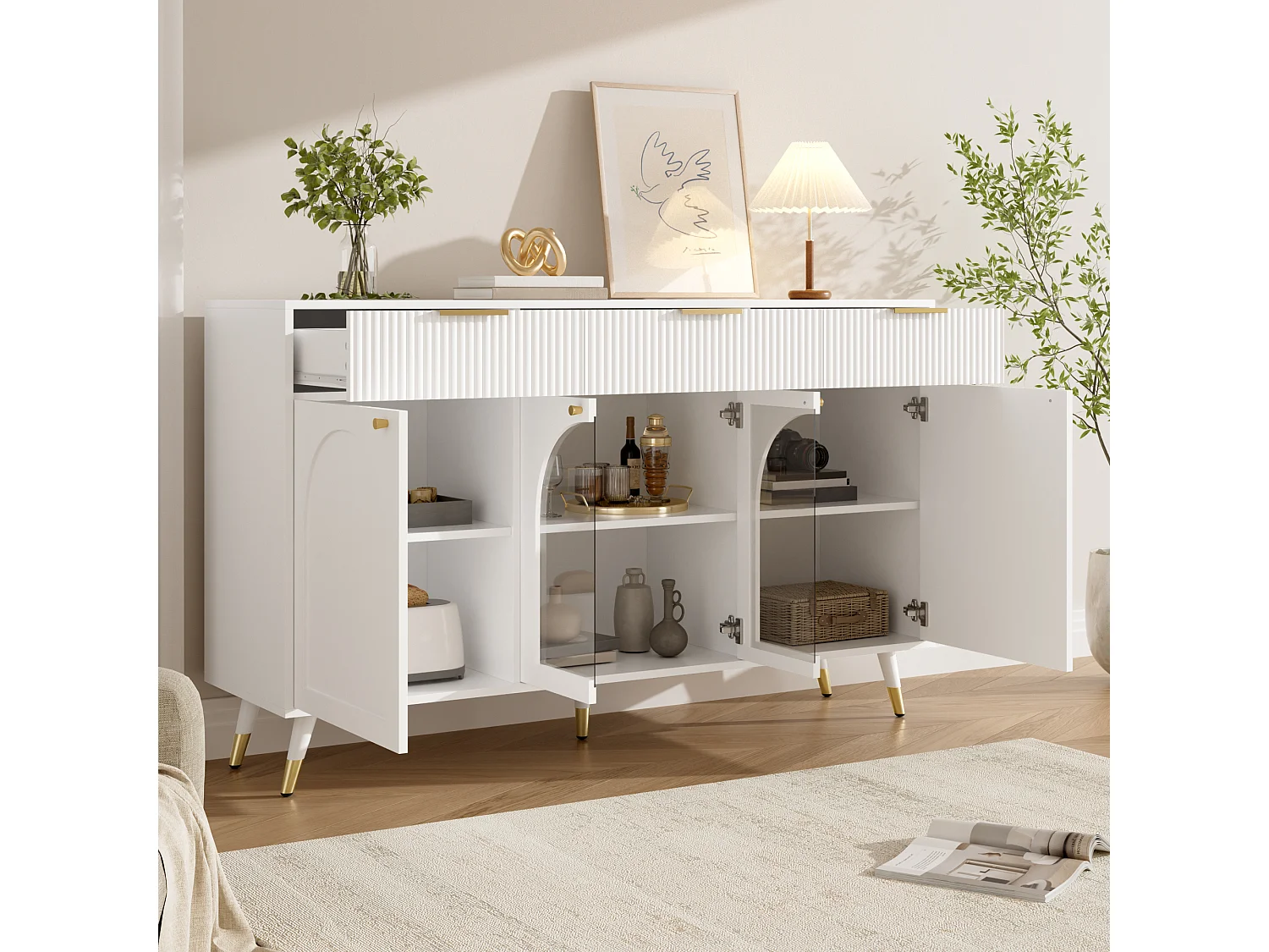 Parrot Uncle Meuble de rangement blanc 140x40x85,5 cm, buffet 4 portes et 3 tiroirs en MDF, façades acryliques, design contemporain