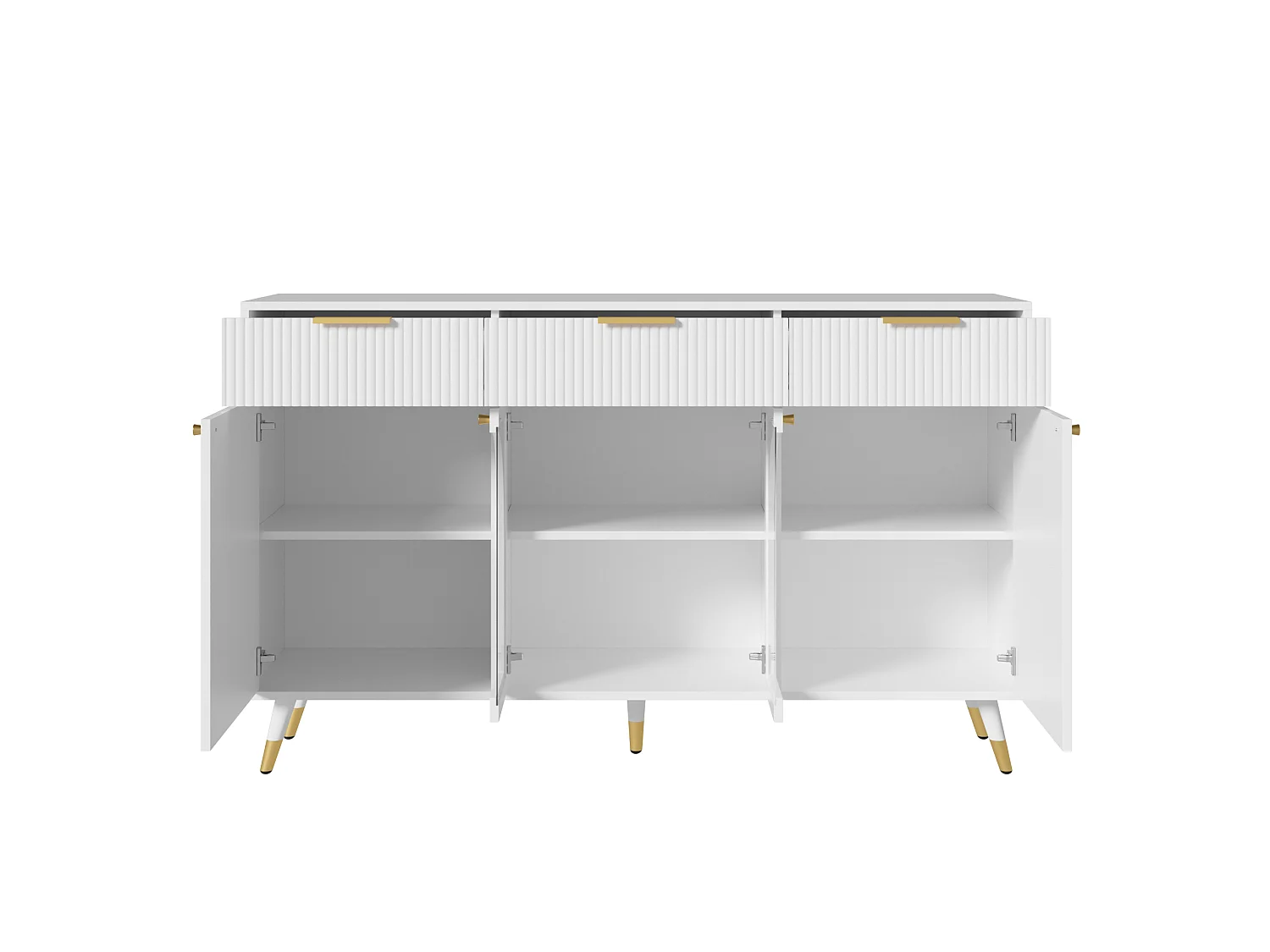 Parrot Uncle Meuble de rangement blanc 140x40x85,5 cm, buffet 4 portes et 3 tiroirs en MDF, façades acryliques, design contemporain