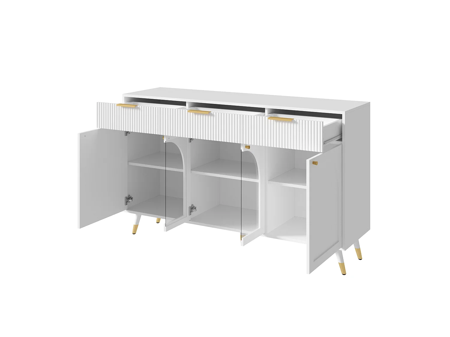Parrot Uncle Meuble de rangement blanc 140x40x85,5 cm, buffet 4 portes et 3 tiroirs en MDF, façades acryliques, design contemporain