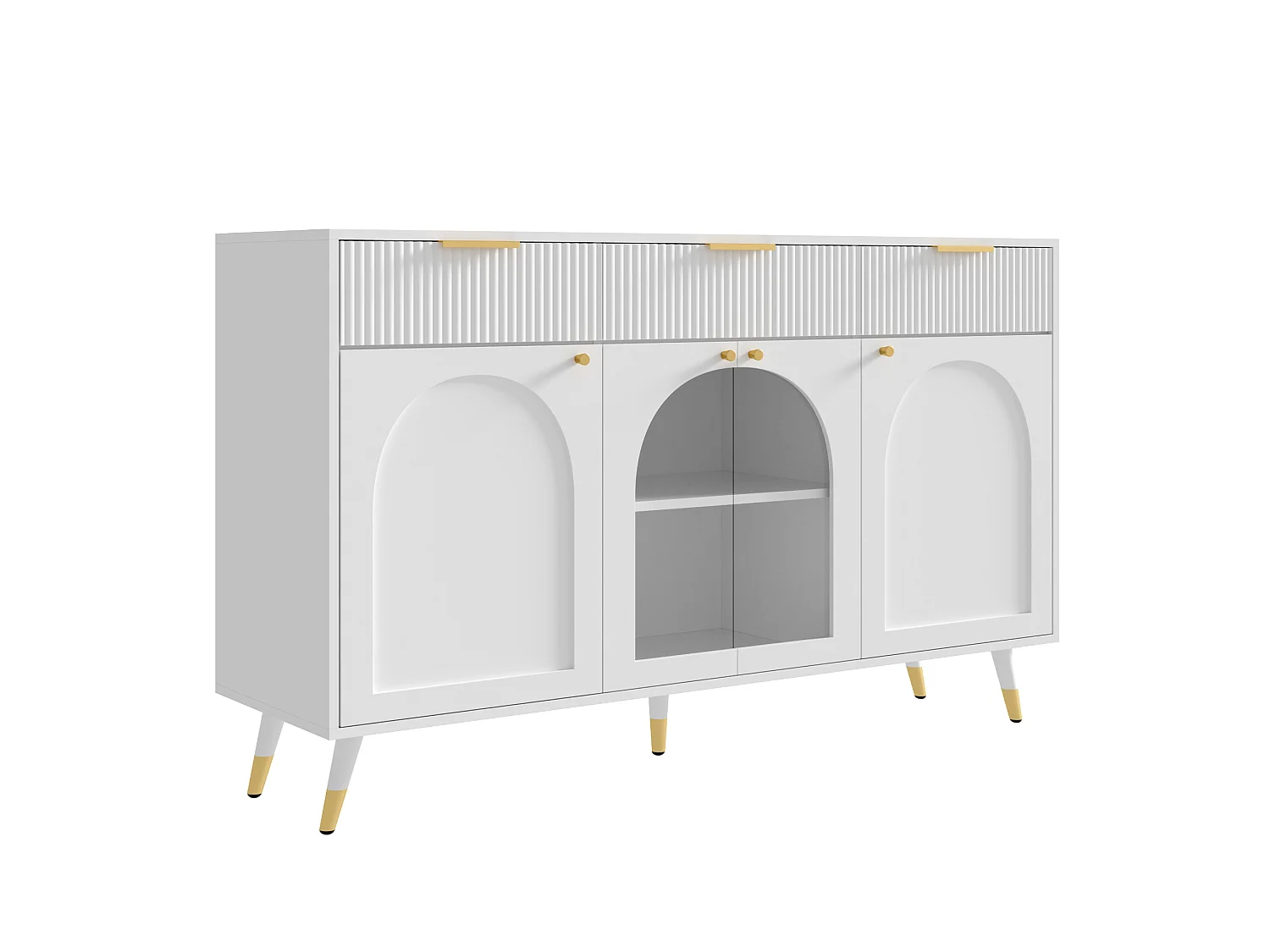Parrot Uncle Meuble de rangement blanc 140x40x85,5 cm, buffet 4 portes et 3 tiroirs en MDF, façades acryliques, design contemporain