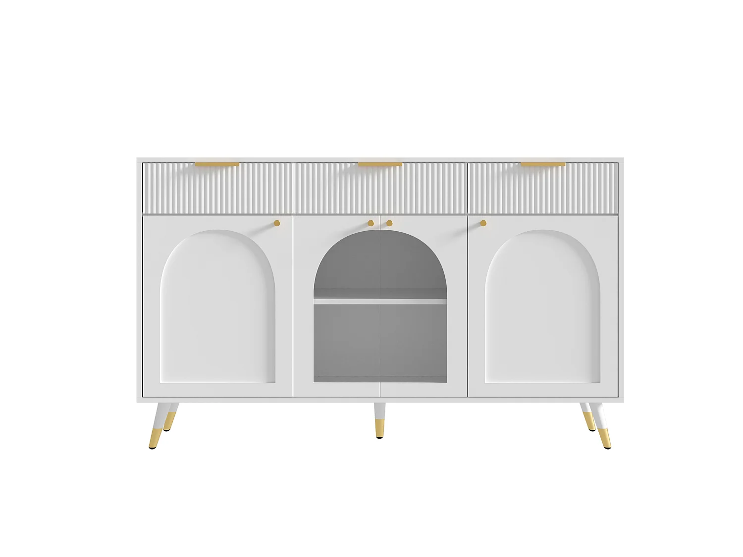 Parrot Uncle Meuble de rangement blanc 140x40x85,5 cm, buffet 4 portes et 3 tiroirs en MDF, façades acryliques, design contemporain