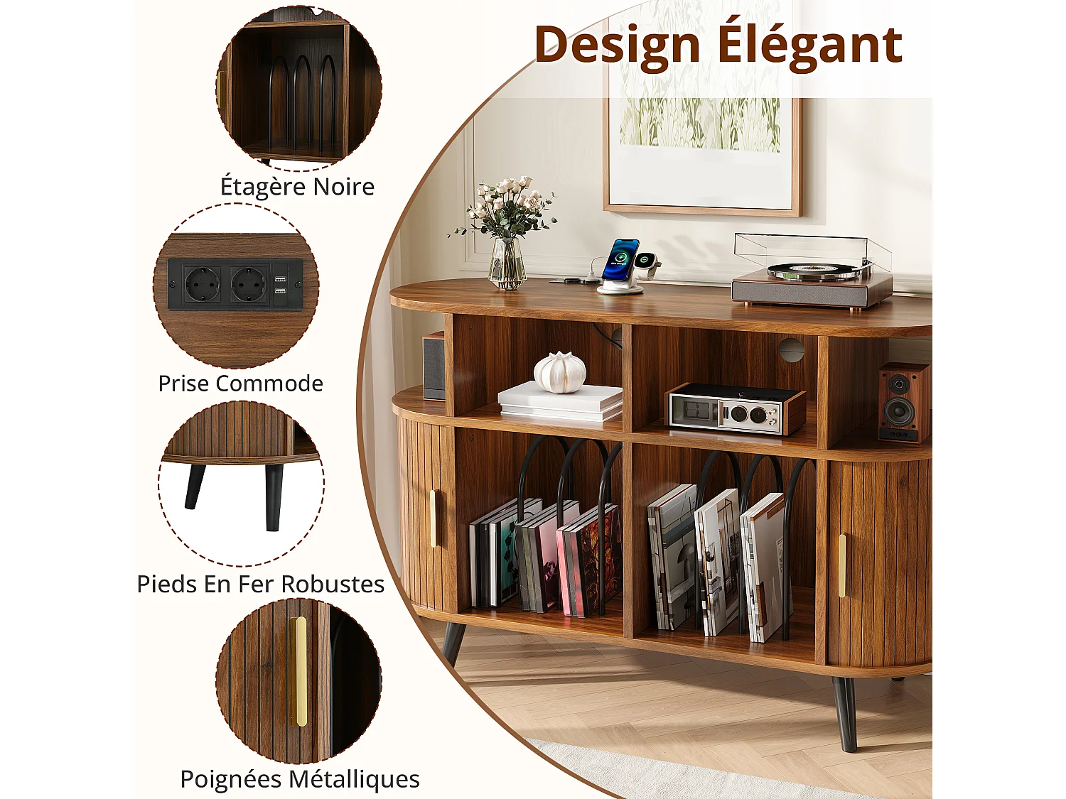 Parrot Uncle Buffet avec portes coulissantes, 110 x 40 x 76 cm, effet noyer, rangement, pieds en métal, style scandinave