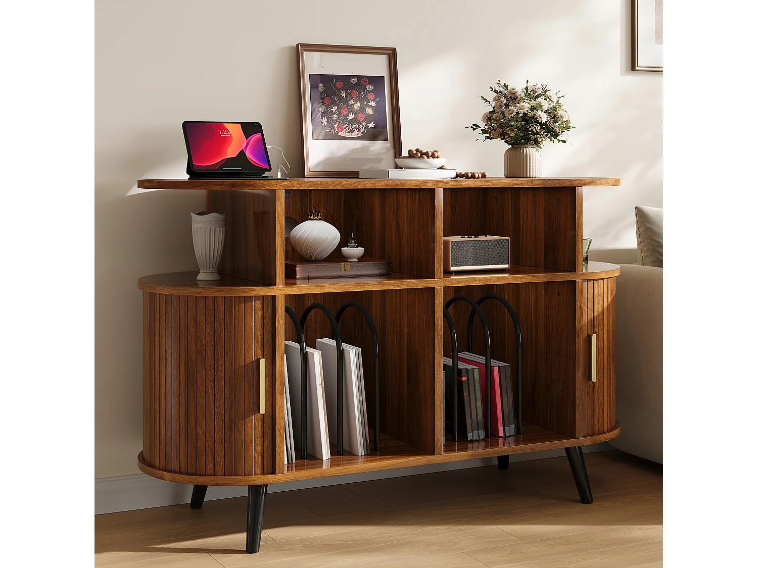 Parrot Uncle Buffet avec portes coulissantes, 110 x 40 x 76 cm, effet noyer, rangement, pieds en métal, style scandinave