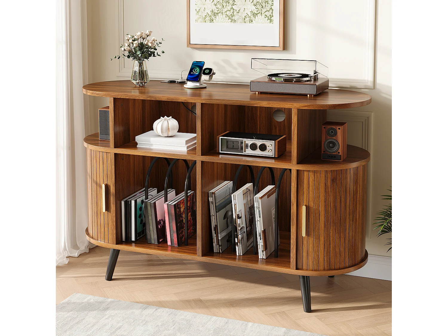 Parrot Uncle Buffet avec portes coulissantes, 110 x 40 x 76 cm, effet noyer, rangement, pieds en métal, style scandinave
