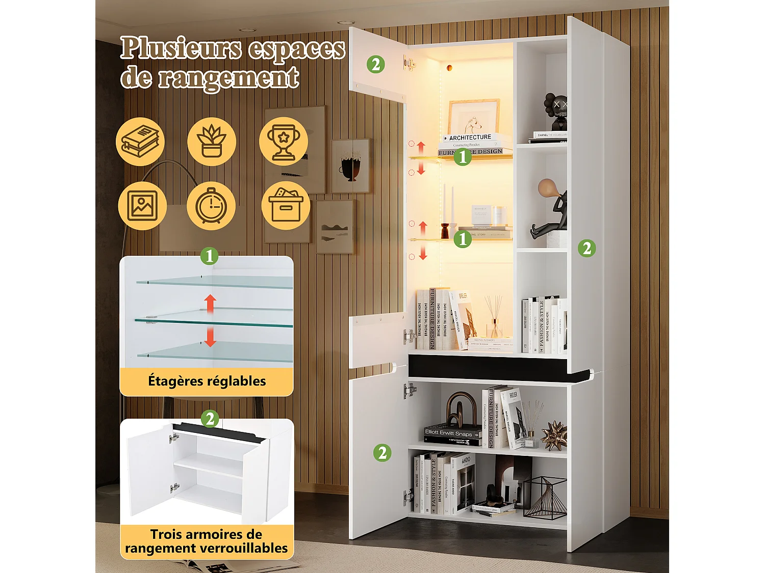 Parrot Uncle Vitrine LED 80x35x180 cm, 4 portes en verre, 8 compartiments, blanc brillant, meuble de rangement