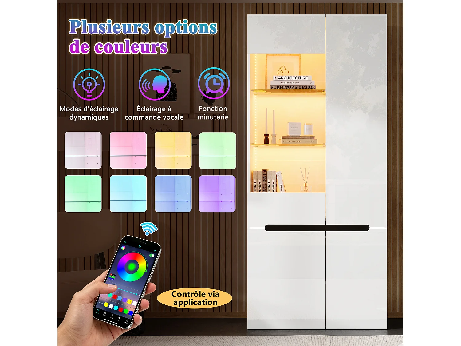 Parrot Uncle Vitrine LED 80x35x180 cm, 4 portes en verre, 8 compartiments, blanc brillant, meuble de rangement