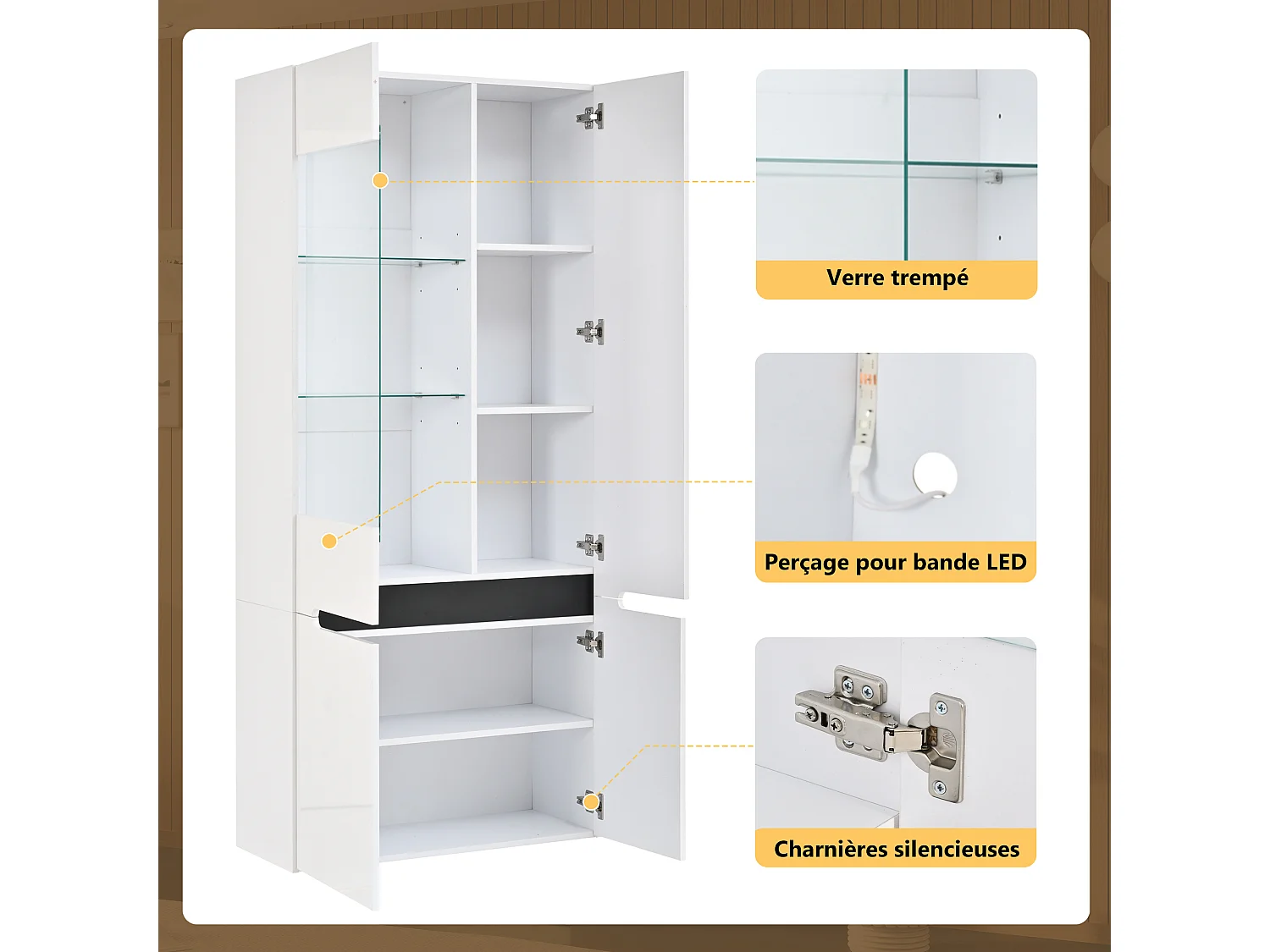 Parrot Uncle Vitrine LED 80x35x180 cm, 4 portes en verre, 8 compartiments, blanc brillant, meuble de rangement