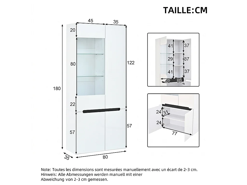 Parrot Uncle Vitrine LED 80x35x180 cm, 4 portes en verre, 8 compartiments, blanc brillant, meuble de rangement