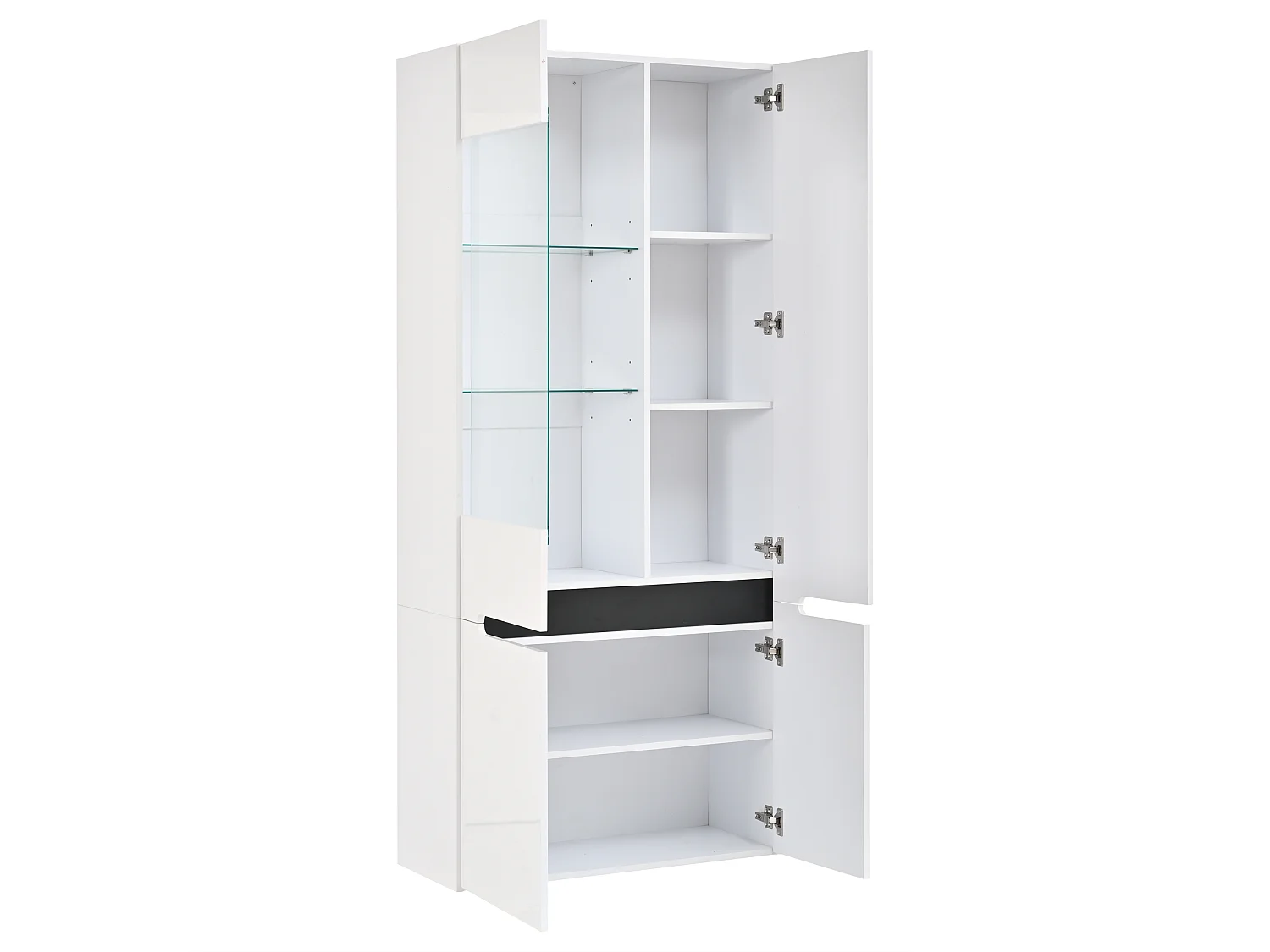 Parrot Uncle Vitrine LED 80x35x180 cm, 4 portes en verre, 8 compartiments, blanc brillant, meuble de rangement