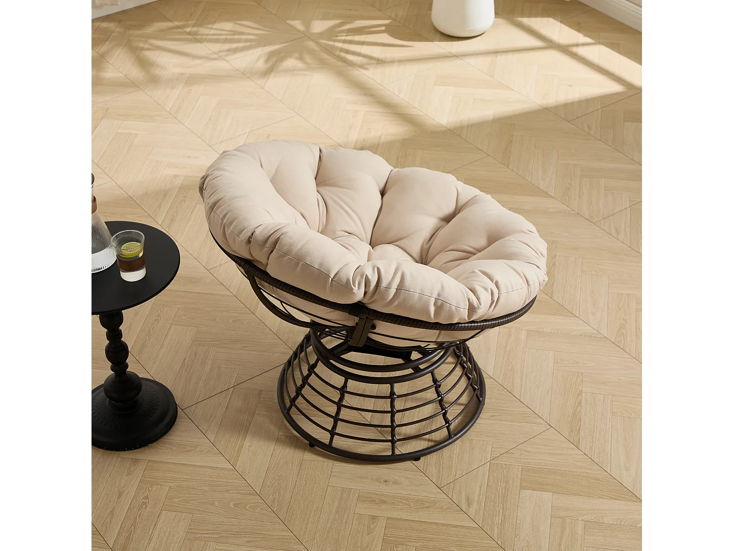 Parrot Uncle Fauteuil Papasan pivotant 360° en rotin, coussin épais beige, cadre marron, style cocon