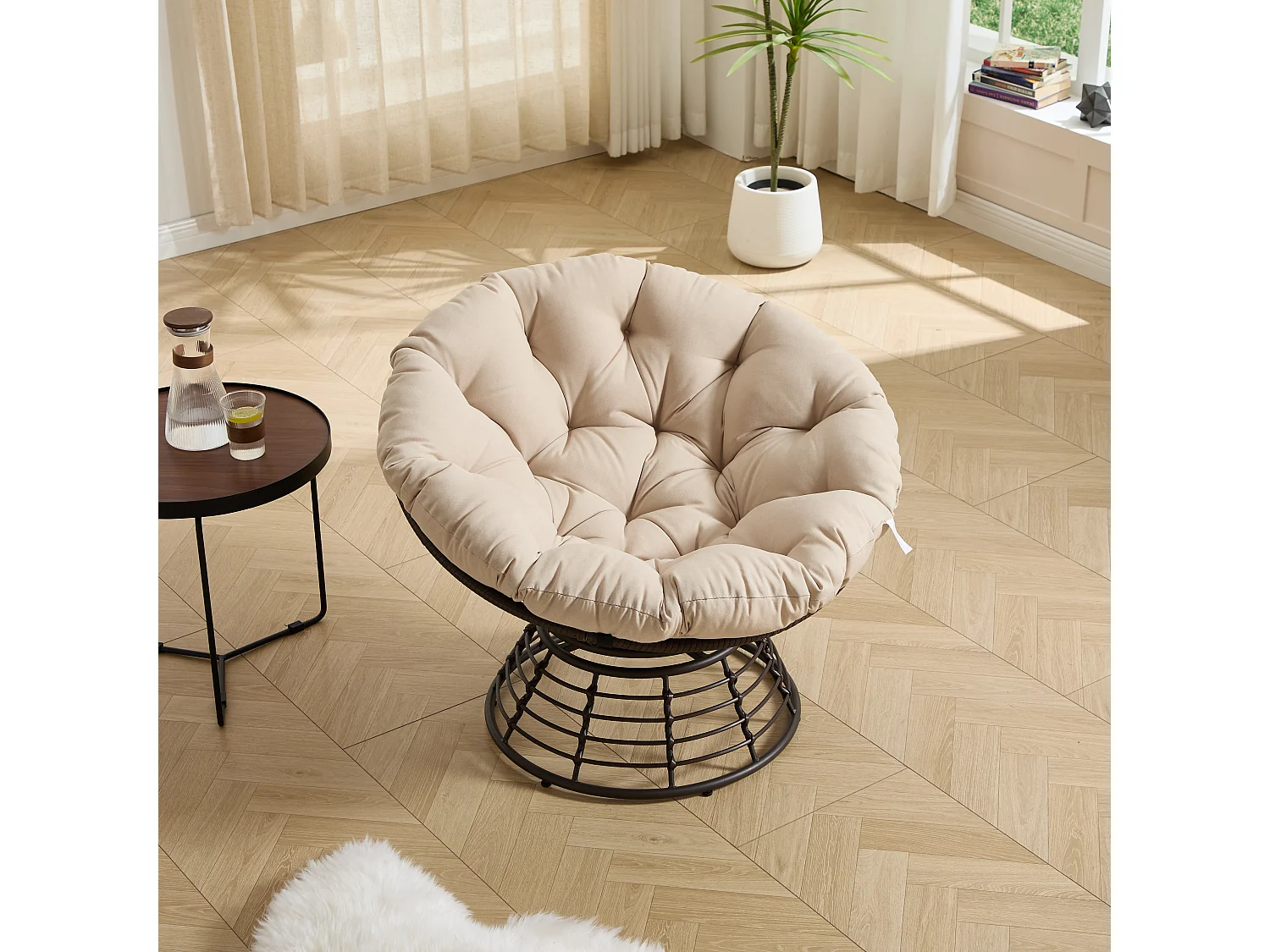 Parrot Uncle Fauteuil Papasan pivotant 360° en rotin, coussin épais beige, cadre marron, style cocon