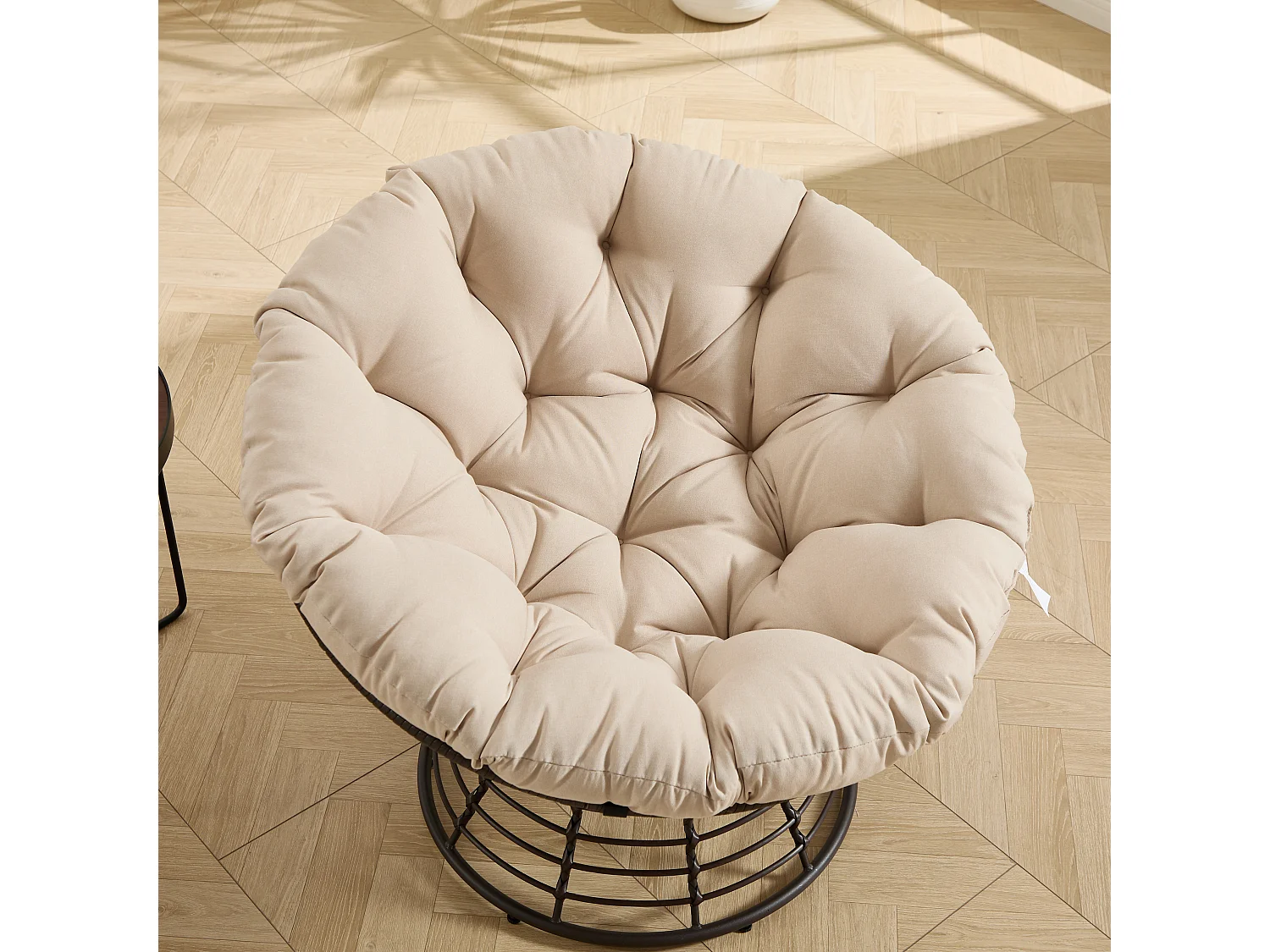 Parrot Uncle Fauteuil Papasan pivotant 360° en rotin, coussin épais beige, cadre marron, style cocon