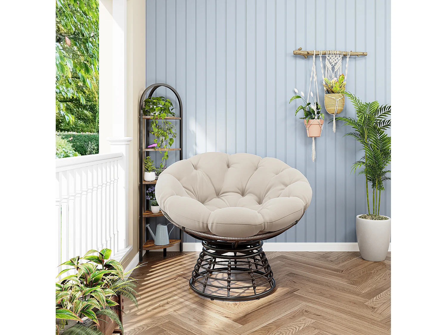Parrot Uncle Fauteuil Papasan pivotant 360° en rotin, coussin épais beige, cadre marron, style cocon