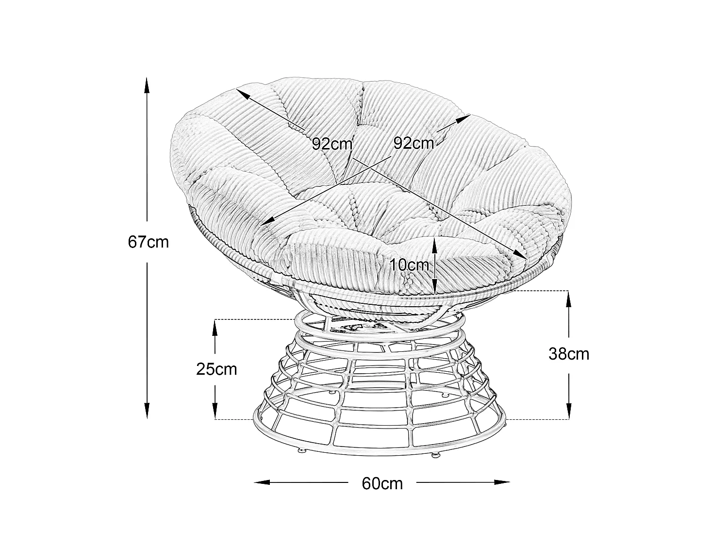 Parrot Uncle Fauteuil Papasan pivotant 360° en rotin, coussin épais beige, cadre marron, style cocon