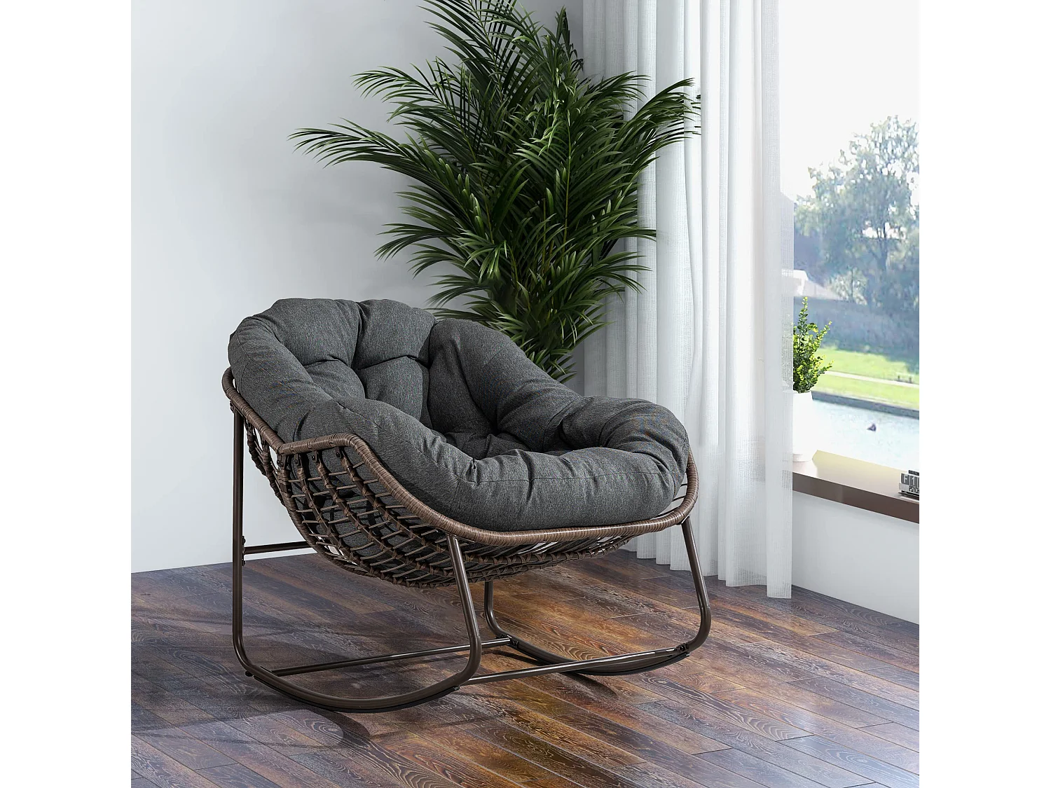 Parrot Uncle Fauteuil à bascule œuf en rotin avec coussin épais, 78 x 106 x 90 cm, gris foncé, intérieur & extérieur