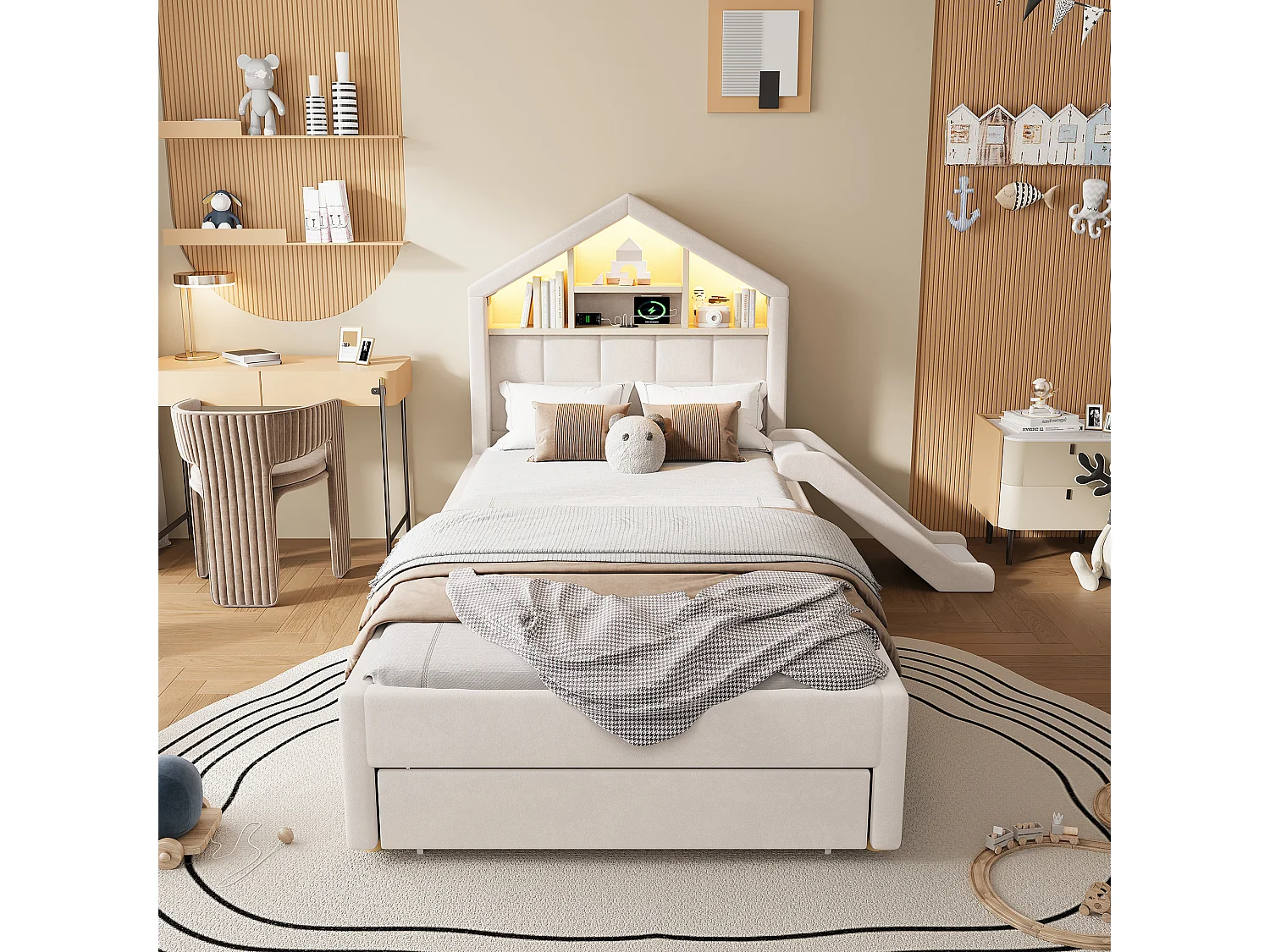 Parrot Uncle Lit cabane enfant 90x200 cm beige avec toboggan, LED, rangement et tête de lit avec étagères