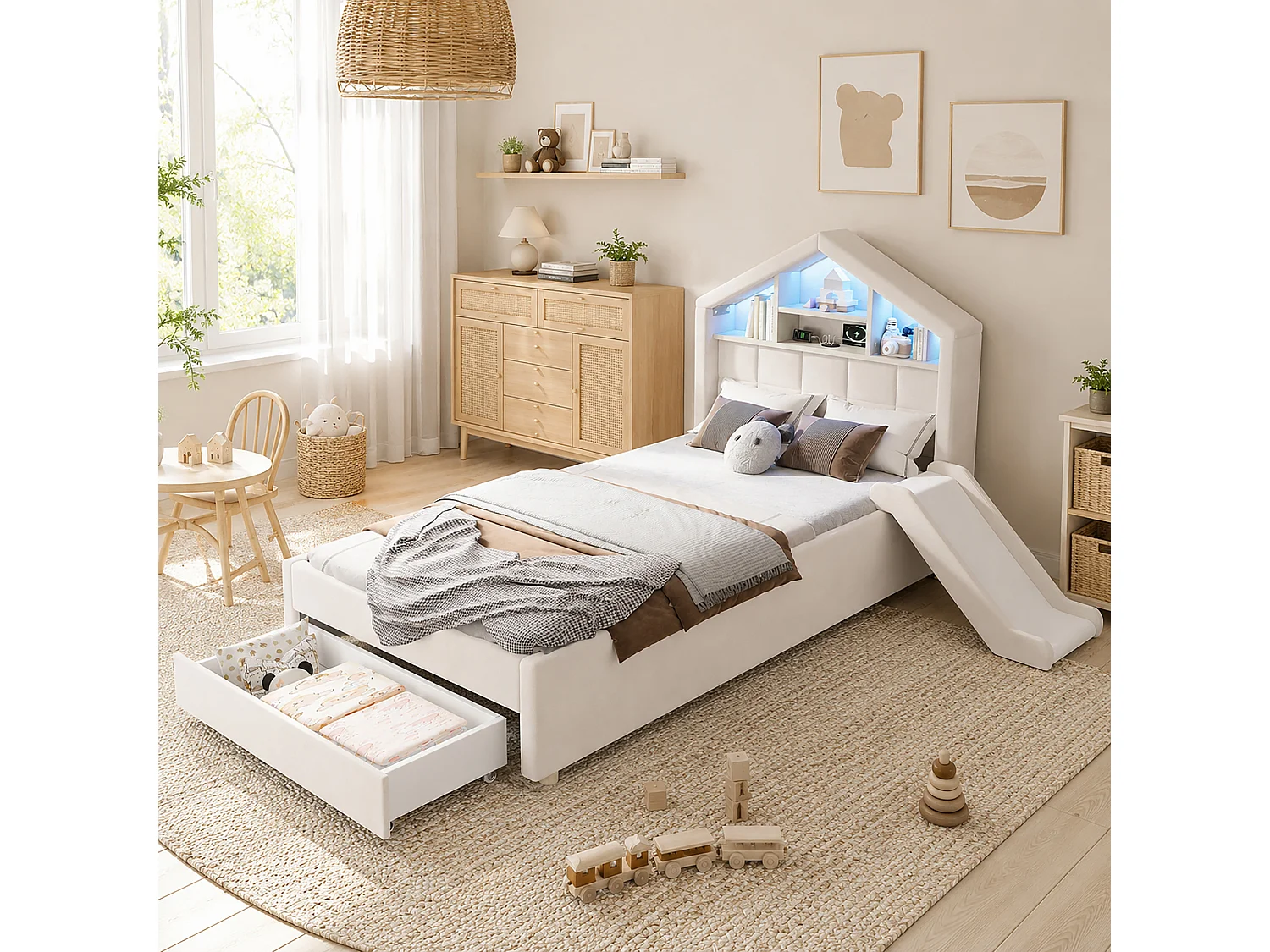 Parrot Uncle Lit cabane enfant 90x200 cm beige avec toboggan, LED, rangement et tête de lit avec étagères