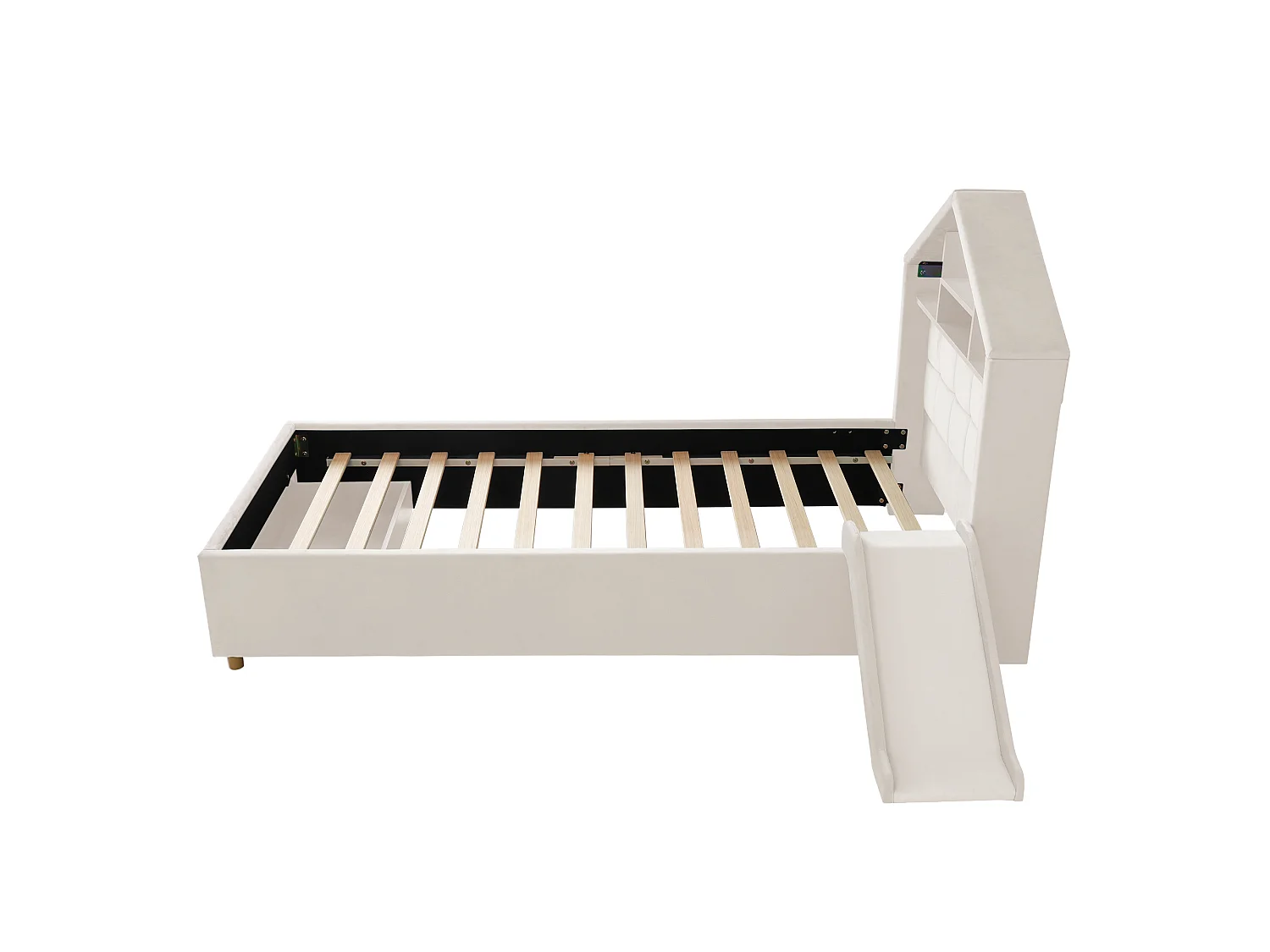 Parrot Uncle Lit cabane enfant 90x200 cm beige avec toboggan, LED, rangement et tête de lit avec étagères