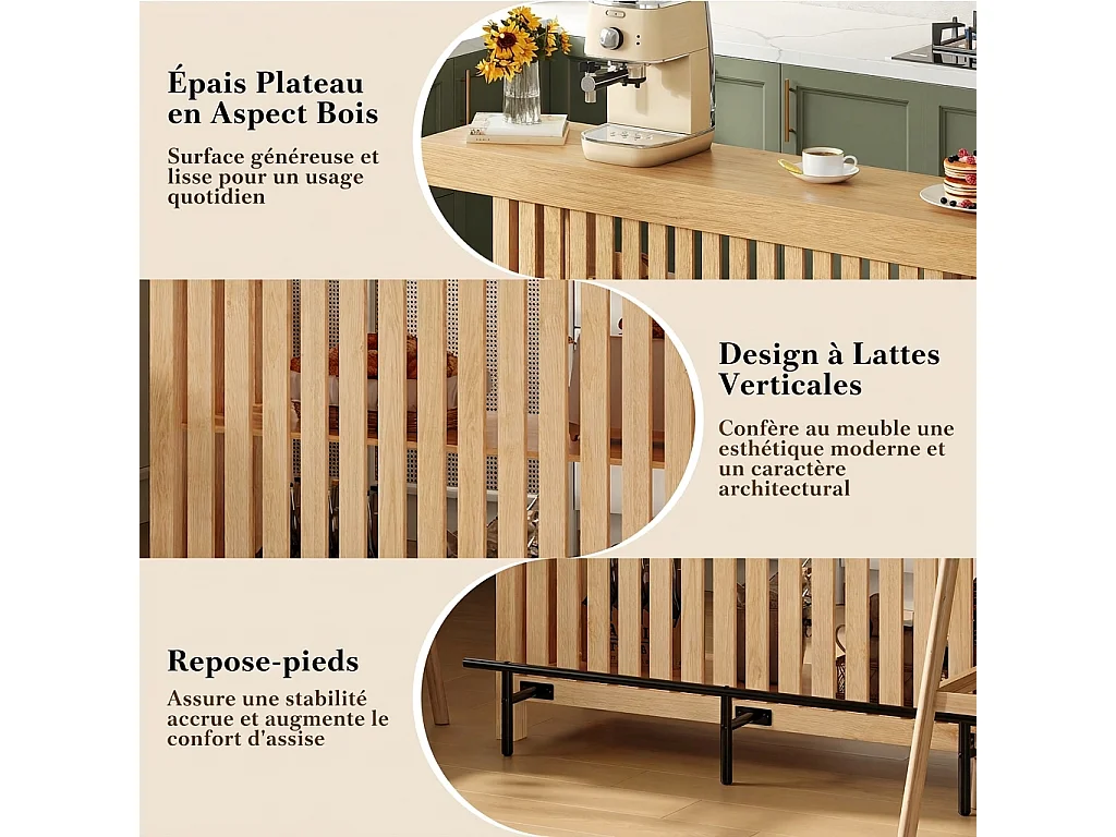 Parrot Uncle Table haute de bar avec rangement et repose-pieds, 160 x 40 x 105 cm, bois clair, style moderne