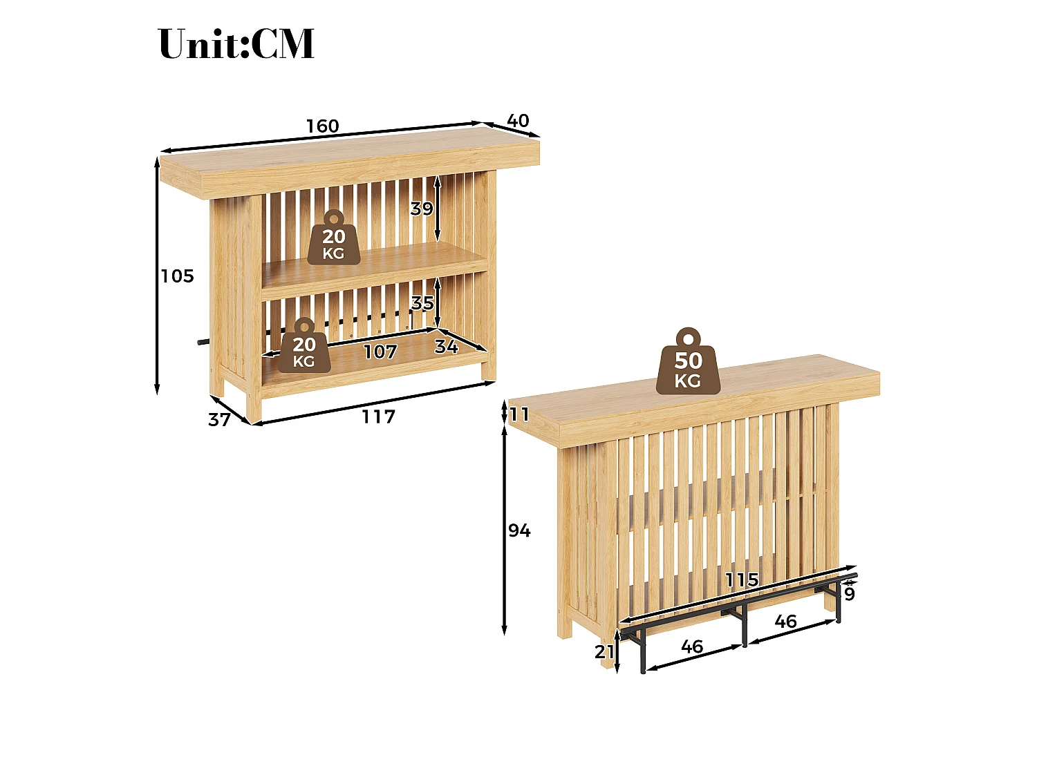 Parrot Uncle Table haute de bar avec rangement et repose-pieds, 160 x 40 x 105 cm, bois clair, style moderne