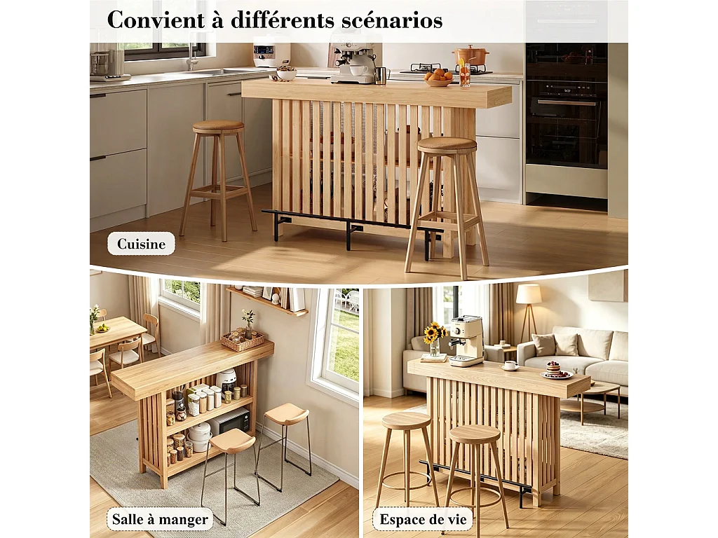 Parrot Uncle Table haute de bar avec rangement et repose-pieds, 160 x 40 x 105 cm, bois clair, style moderne