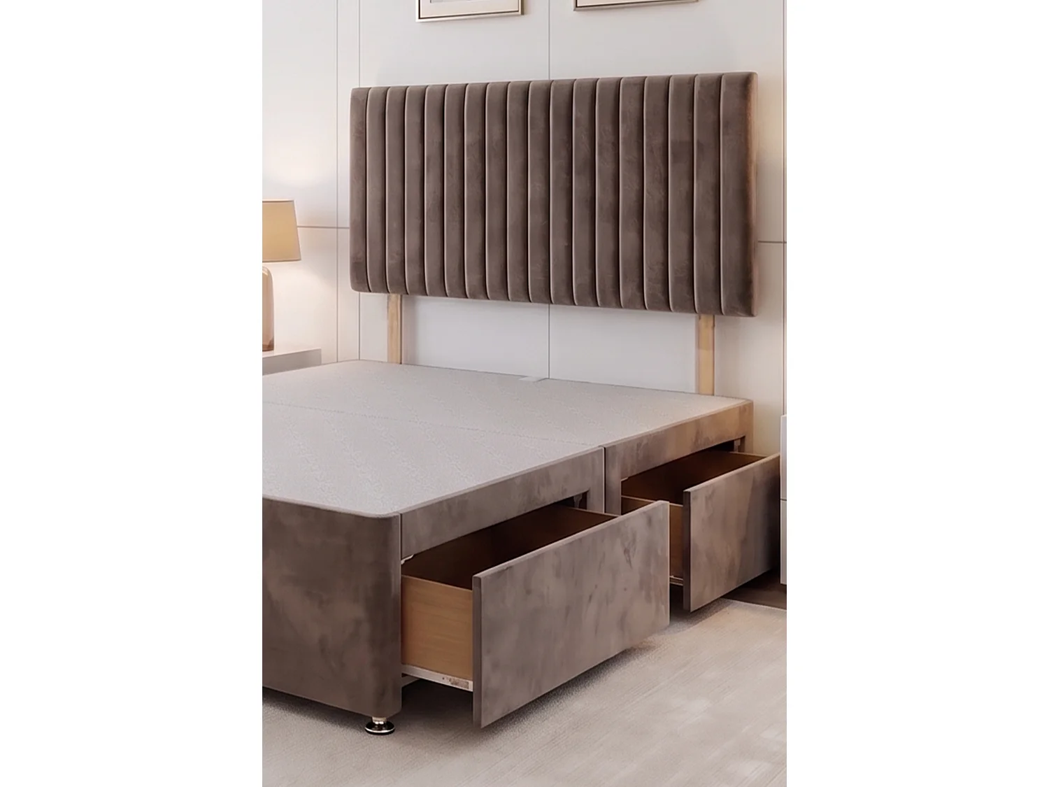 Emily Mocca Plush 4FT Divan Bed Base with 2 Drawers & Headboard - Small Double
