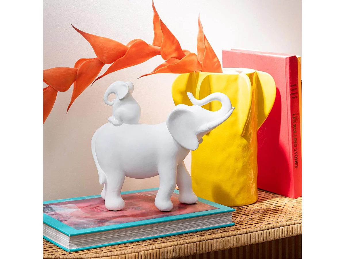 Statuette Éléphant Avec Bébé "Burl" 26cm Blanc