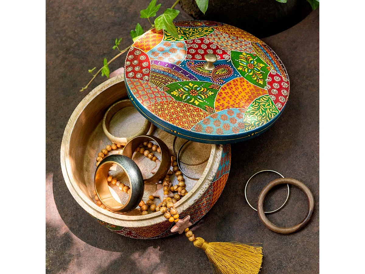 Boîte Déco Ronde en Bois "Delhi" 26cm Multicolore