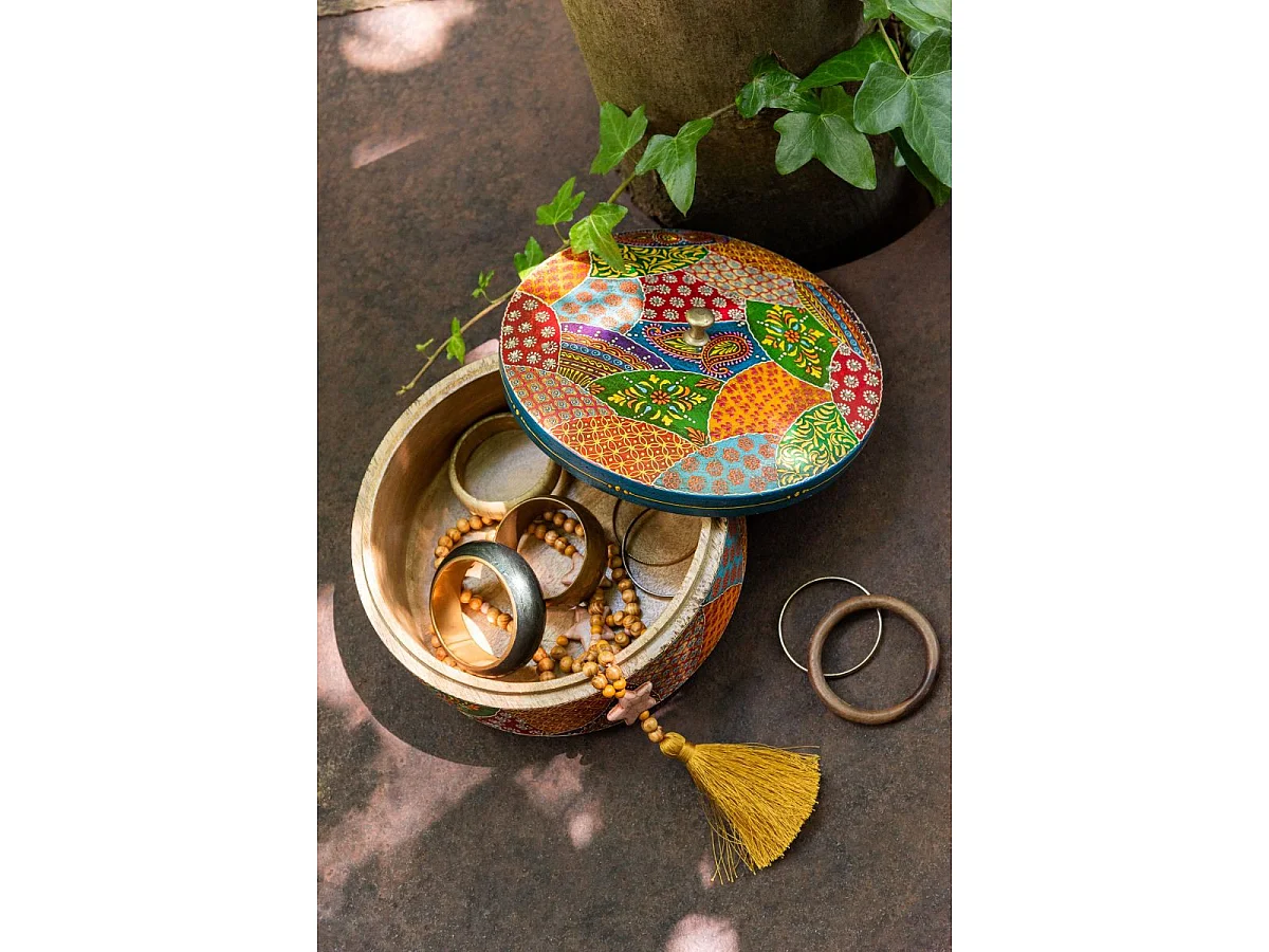 Boîte Déco Ronde en Bois "Delhi" 26cm Multicolore