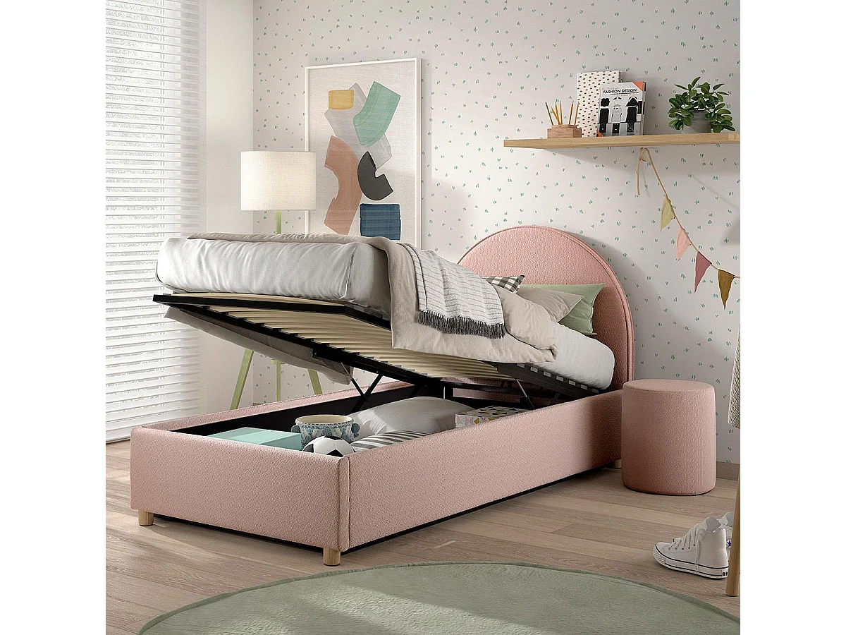 Pack - Lit Coffre Enfant & Pouf "Moon" 90x200cm Rose