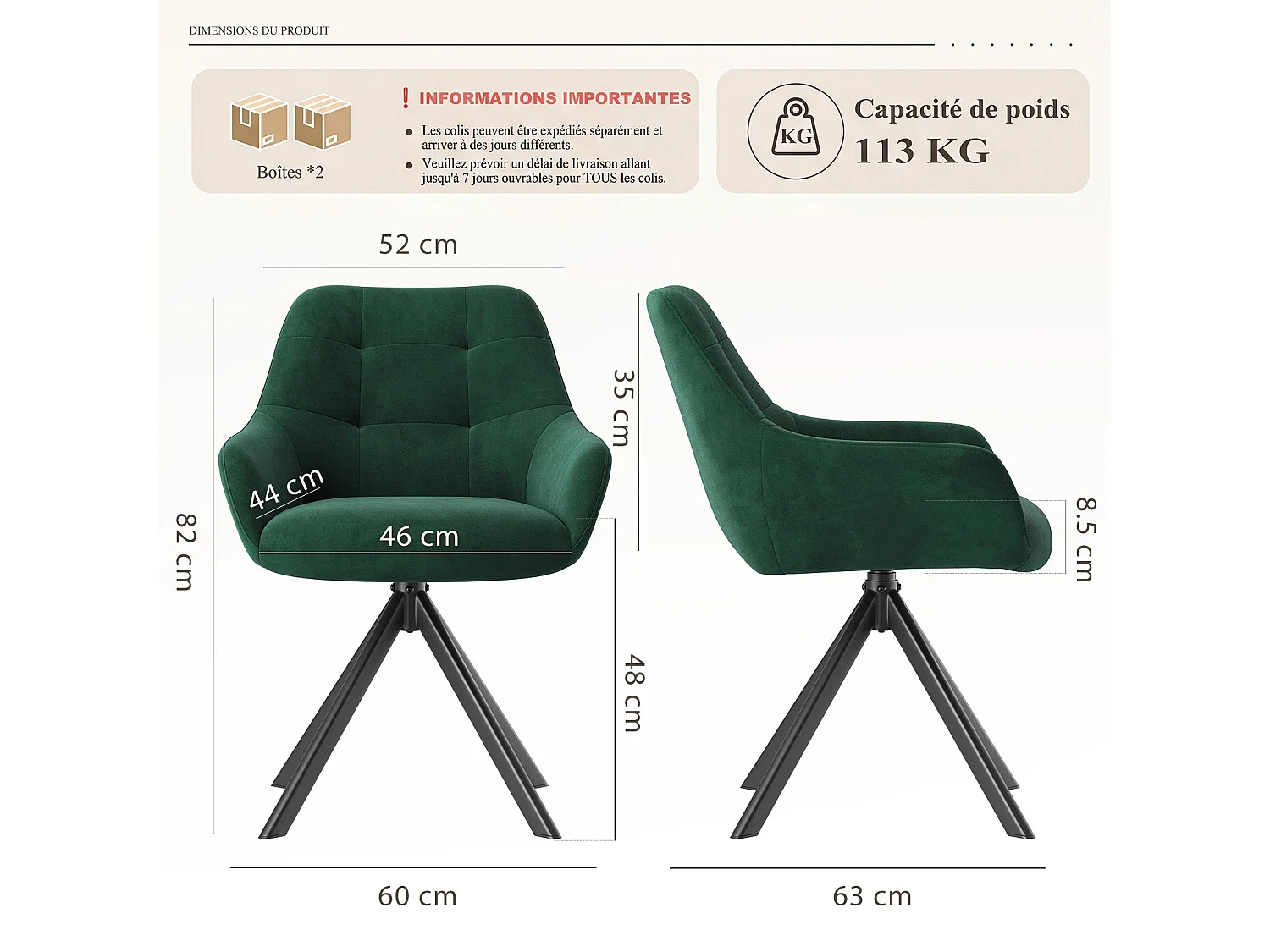 Set van 4 eetkamerstoelen met 360° draaifunctie | Halve armleuningen, metalen onderstel, groen