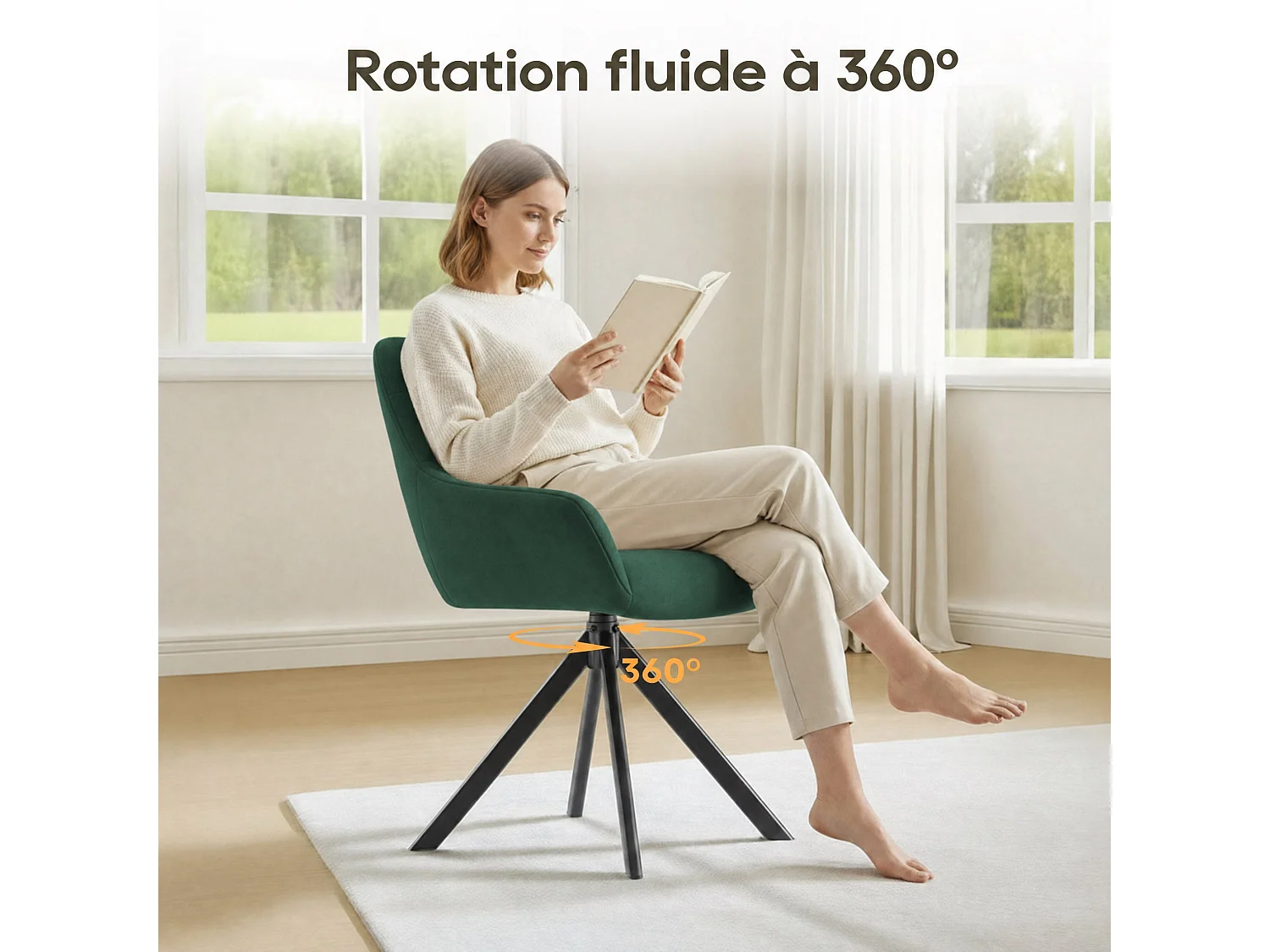 Set van 4 eetkamerstoelen met 360° draaifunctie | Halve armleuningen, metalen onderstel, groen