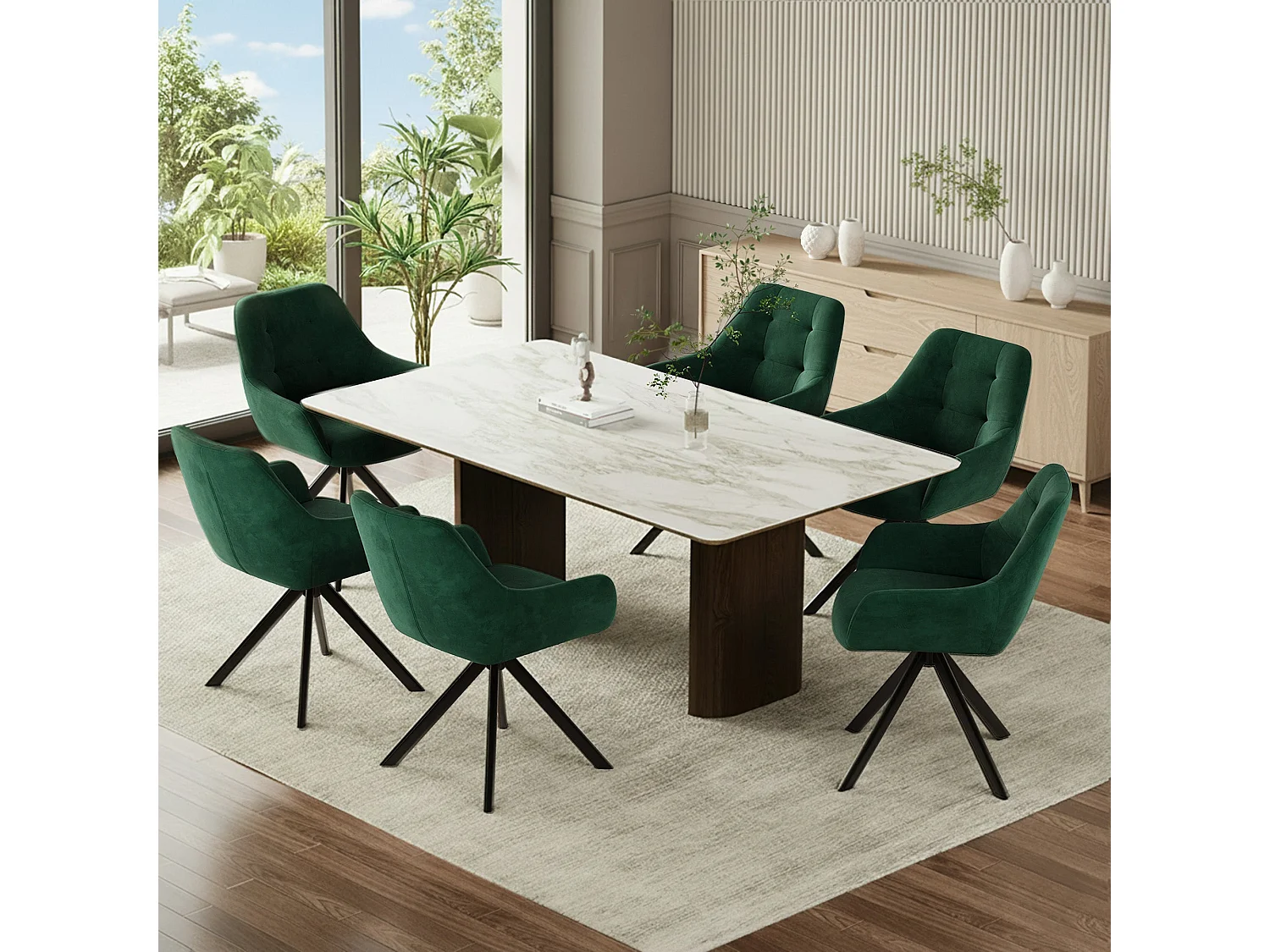 Set van 4 eetkamerstoelen met 360° draaifunctie | Halve armleuningen, metalen onderstel, groen