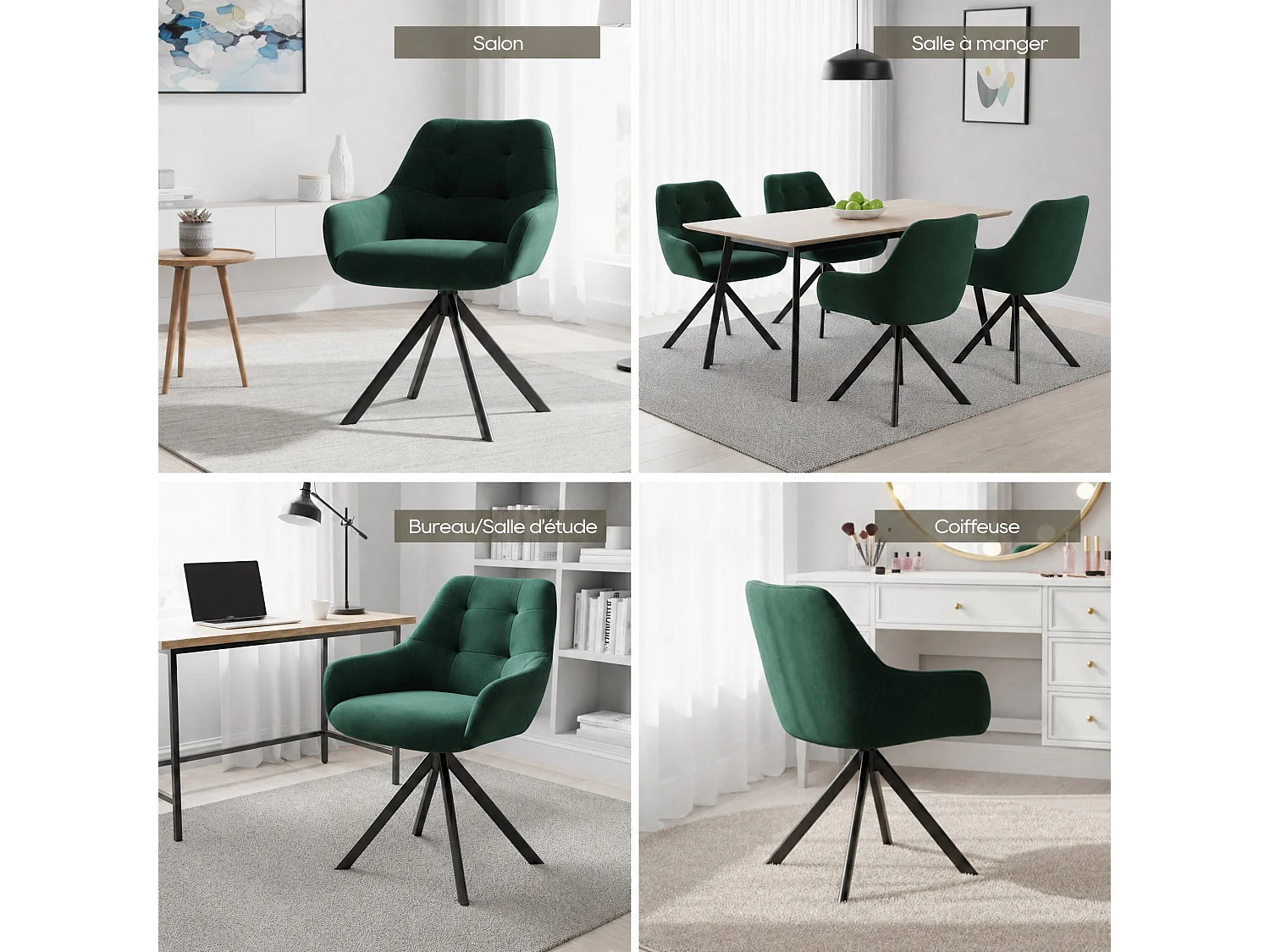 Set van 4 eetkamerstoelen met 360° draaifunctie | Halve armleuningen, metalen onderstel, groen