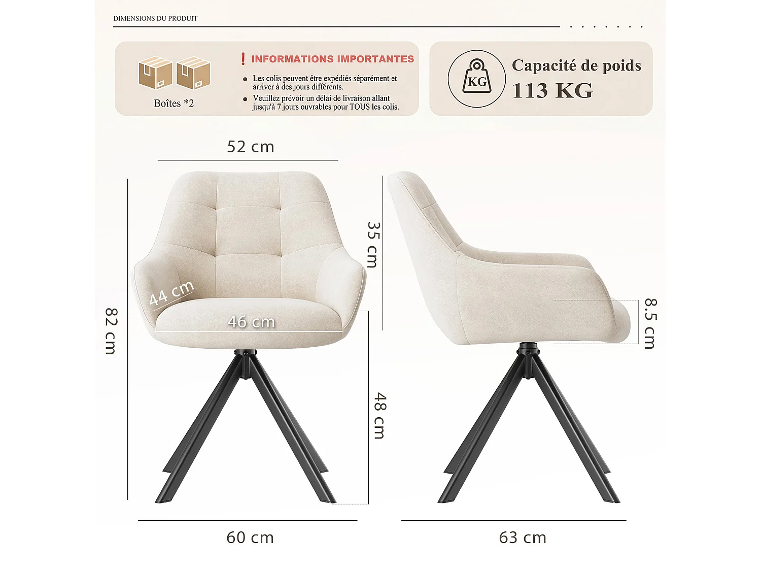 Set van 4 eetkamerstoelen met 360° draaifunctie | Halve armleuningen, metalen onderstel, beige