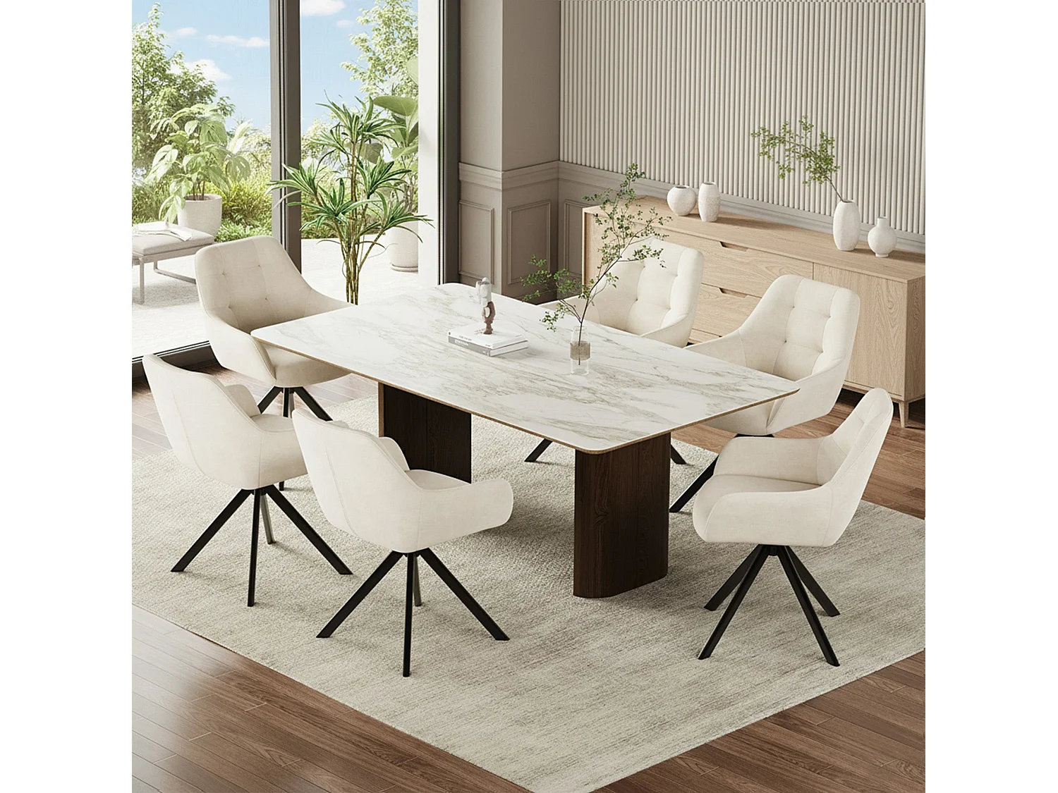 Set van 4 eetkamerstoelen met 360° draaifunctie | Halve armleuningen, metalen onderstel, beige