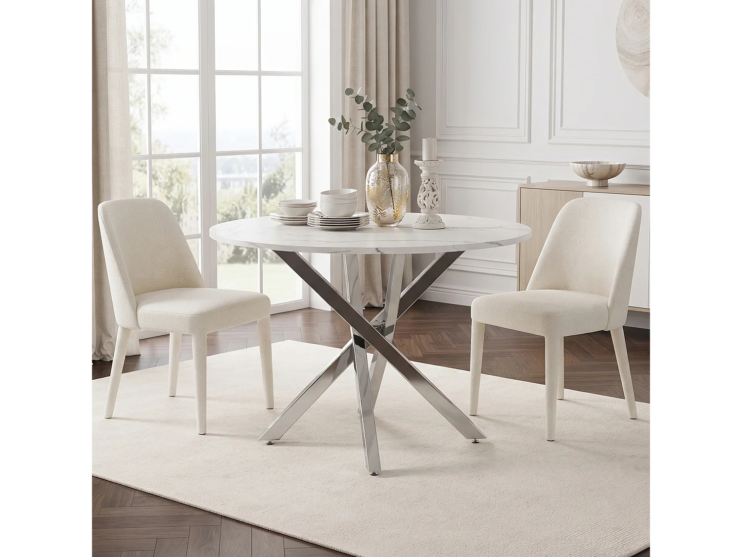 Table à manger ronde 80 cm avec plateau effet marbre - Blanc et argenté