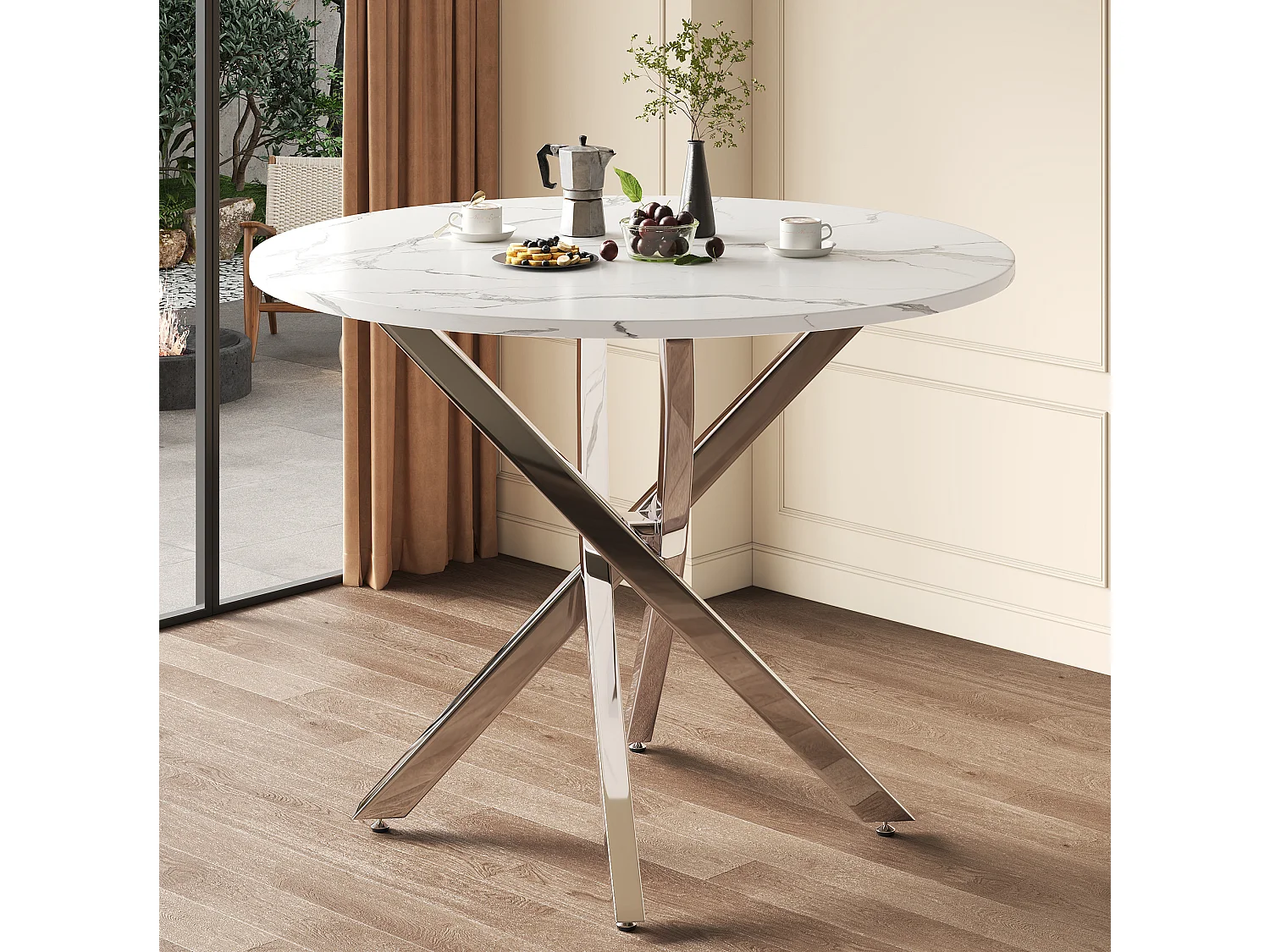 Table à manger ronde 80 cm avec plateau effet marbre - Blanc et argenté