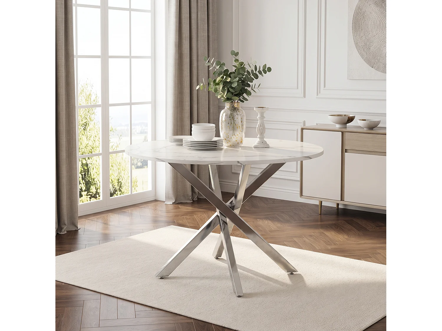 Table à manger ronde 80 cm avec plateau effet marbre - Blanc et argenté